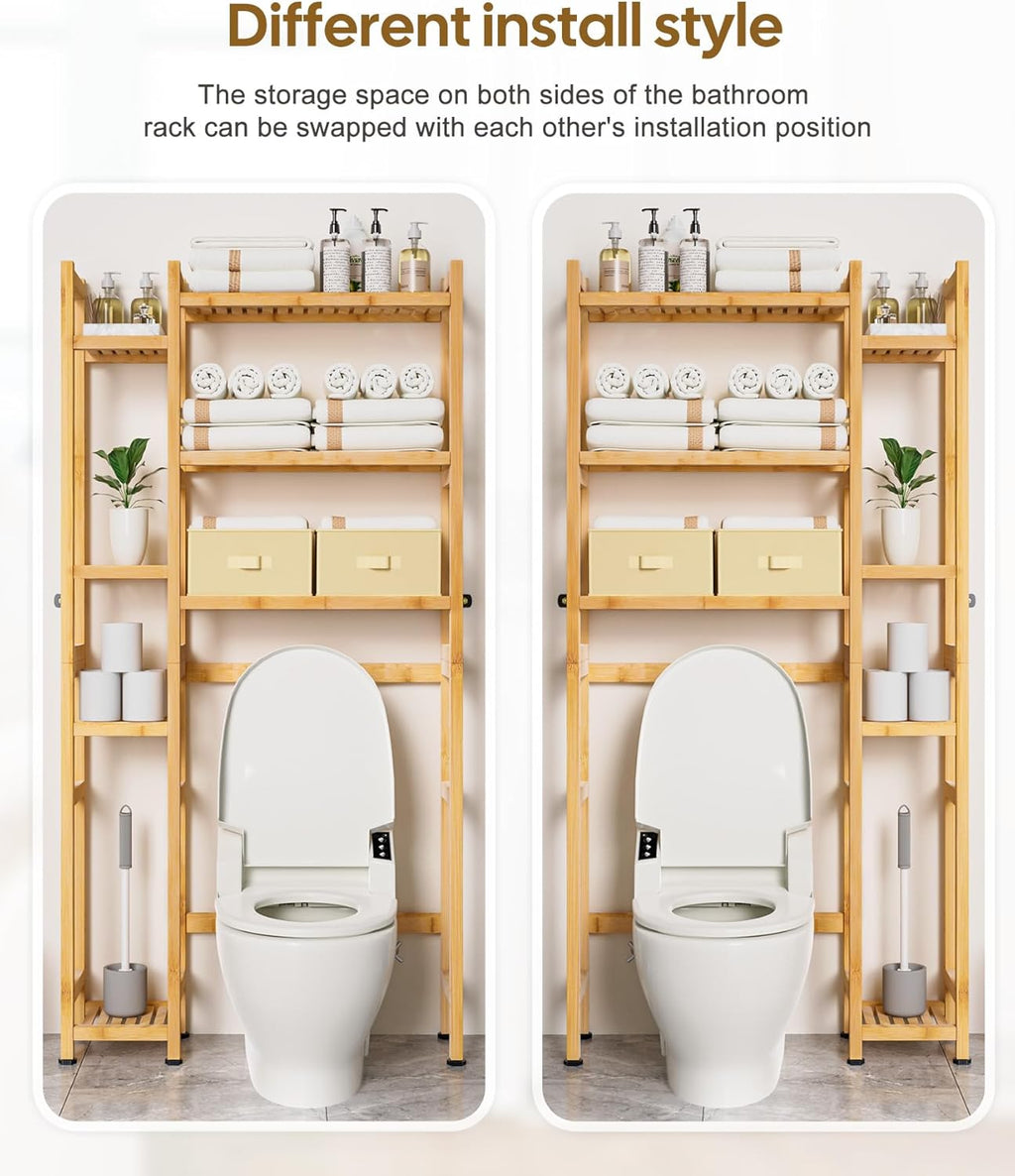 Homde Over The Toilet Storage with Basket and Drawer, Bamboo Bathroom Organizer with Adjustable Shelf & Waterproof Feet Pad, Space Saver Rack for Restroom, Laundry,Natural