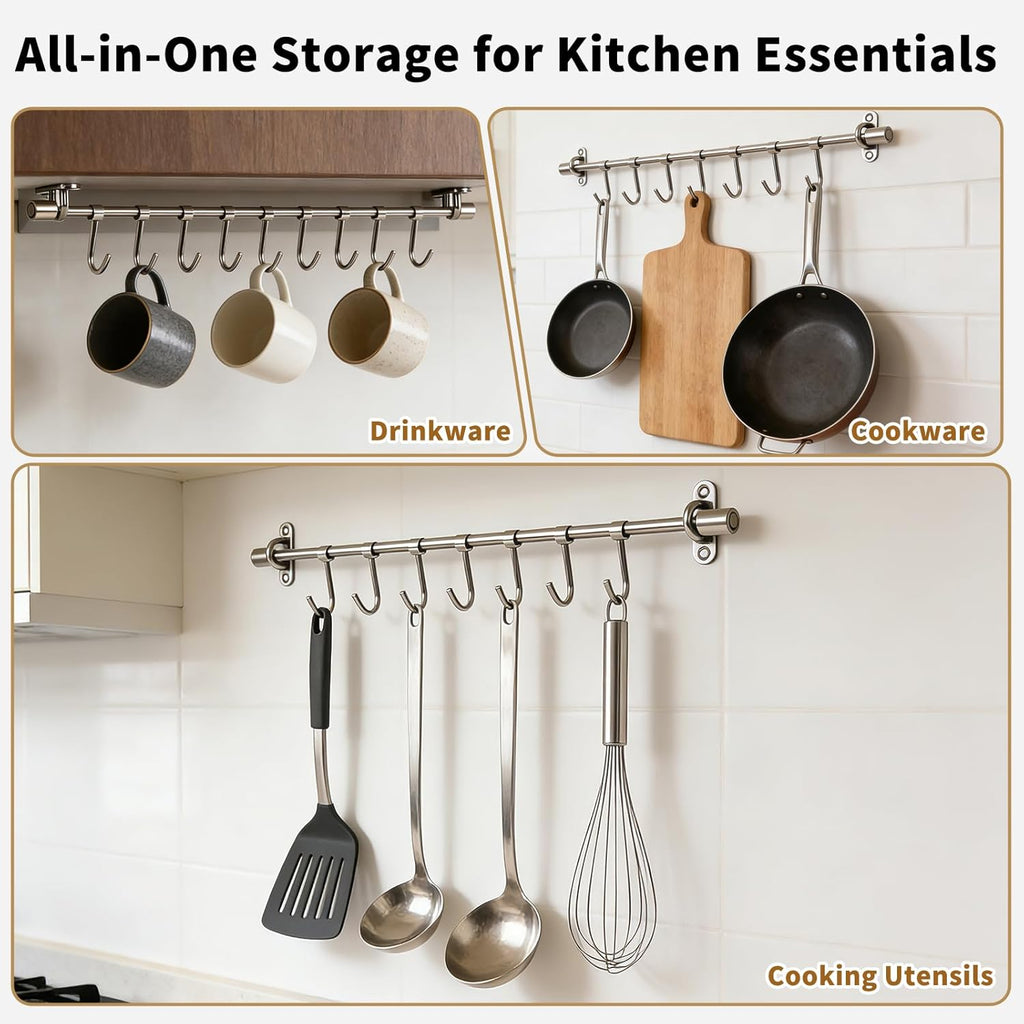 20" Kitchen Utensil Rack with Adjustable Holes - 8 Sliding Hooks 304 Stainless Steel, Pots and Pans Hanging Rack Wall Mounted 2 Packs