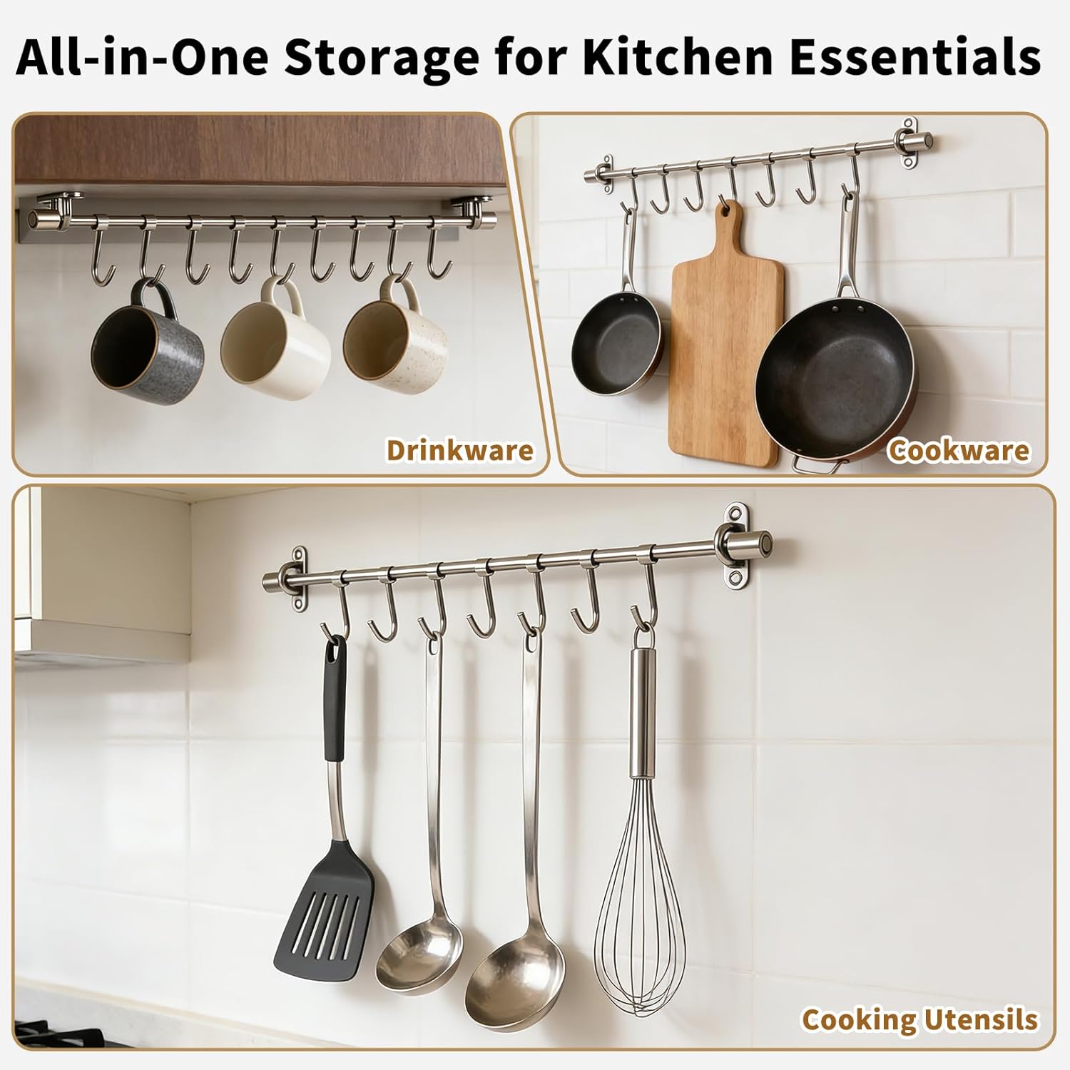 20" Kitchen Utensil Rack with Adjustable Holes - 8 Sliding Hooks 304 Stainless Steel, Pots and Pans Hanging Rack Wall Mounted 2 Packs