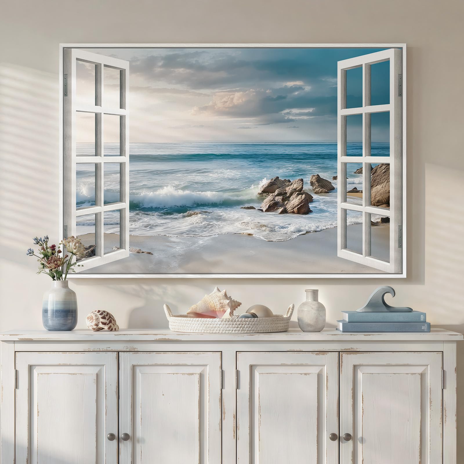 Framed Neutral Coastal Beach Canvas Wall Art, Abstract Landscape Canvas Prints Paintings for Walls, Large Beige Minimalist Pictures Wall Decor for Bedroom Dining Room Bathroom Living Room 24x36 In