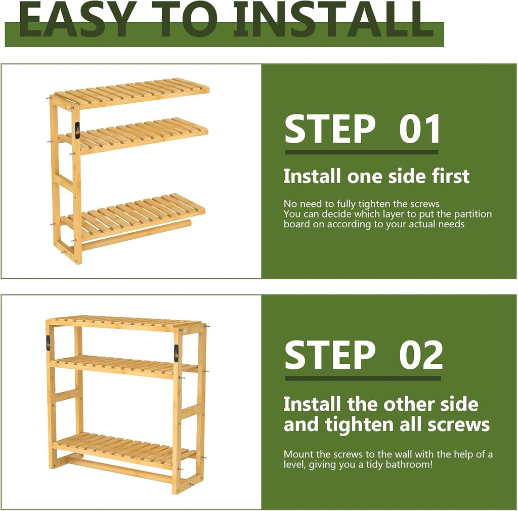 Galood Over The Toilet Storage Bathroom Shelves Wall Mounted 3 Tier Space Saver Corner Shelf Organizer Bamboo Towel Rack Toilet Paper Cabinet with Hanging Rod Yellow
