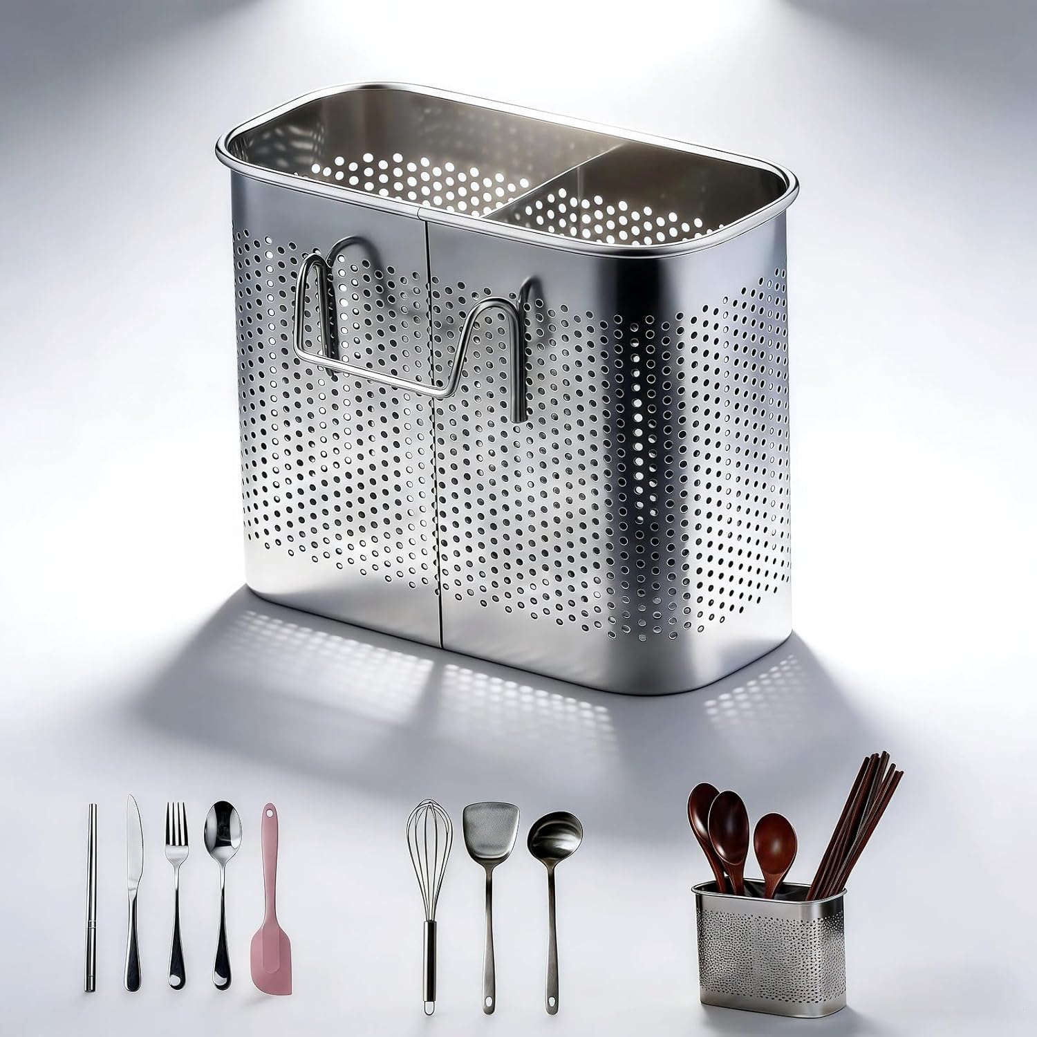 Stainless Steel Kitchen Utensil Holder with Hooks, 2-Tier Stainless Steel 304 Utensil Holder,Rustproof Heavy Duty Dish Drainer for Kitchen Sink Countertop,5.51x4.33x2.76 Inch
