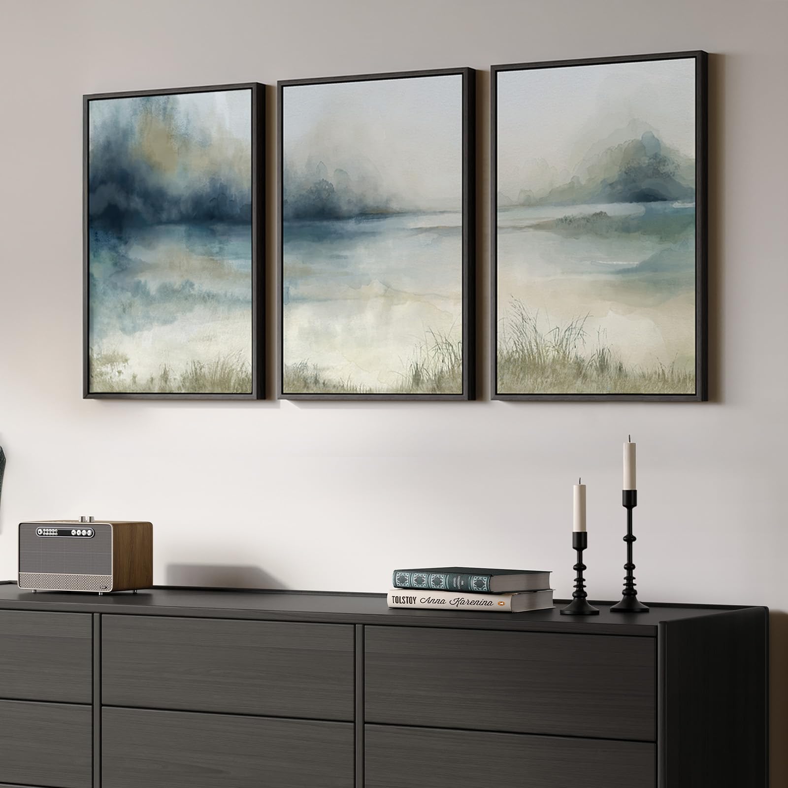 Large Framed Sage Green Abstract Landscape Wall Art for Living Room, 3 Piece Modern Canvas Prints Paintings Artwork for Walls, Nature Rustic Pictures Wall Decor for Bedroom Farmhouse Office 24x36 In