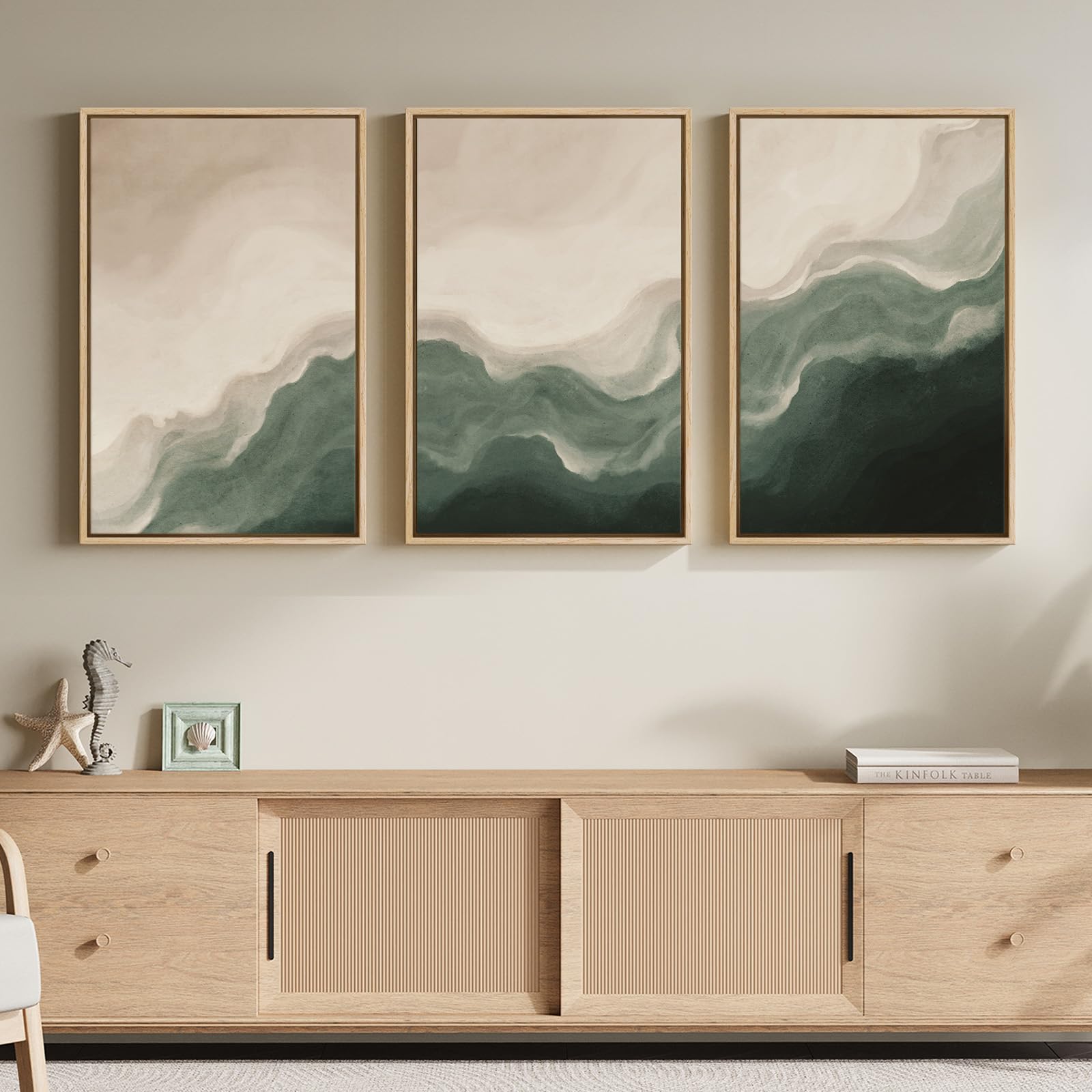 Large Framed Sage Green Abstract Landscape Wall Art for Living Room, 3 Piece Modern Canvas Prints Paintings Artwork for Walls, Nature Rustic Pictures Wall Decor for Bedroom Farmhouse Office 24x36 In