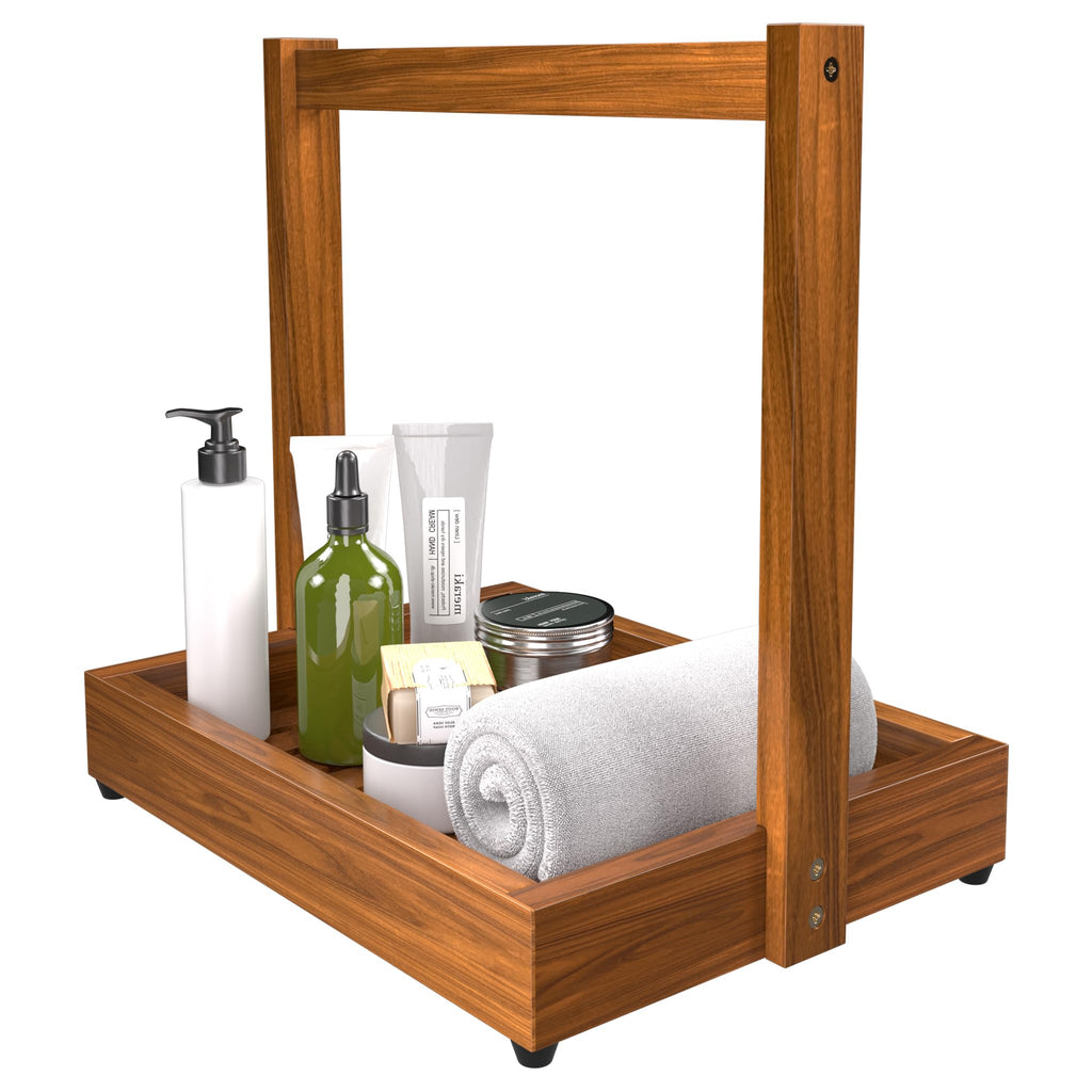 Teak Shower Shelf Bathroom Organizer - 3 Tier Multipurpose Shower Caddy with Non-Slip Base, Rustproof Durable Standing Towel Rack Toilet Paper Roll Holder for Bathroom Livingroom