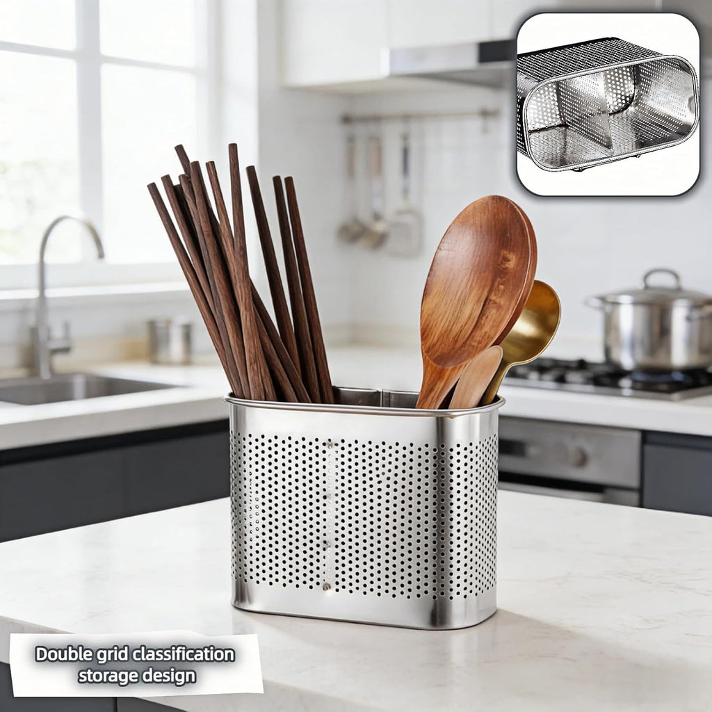 Stainless Steel Kitchen Utensil Holder with Hooks, 2-Tier Stainless Steel 304 Utensil Holder,Rustproof Heavy Duty Dish Drainer for Kitchen Sink Countertop,5.51x4.33x2.76 Inch