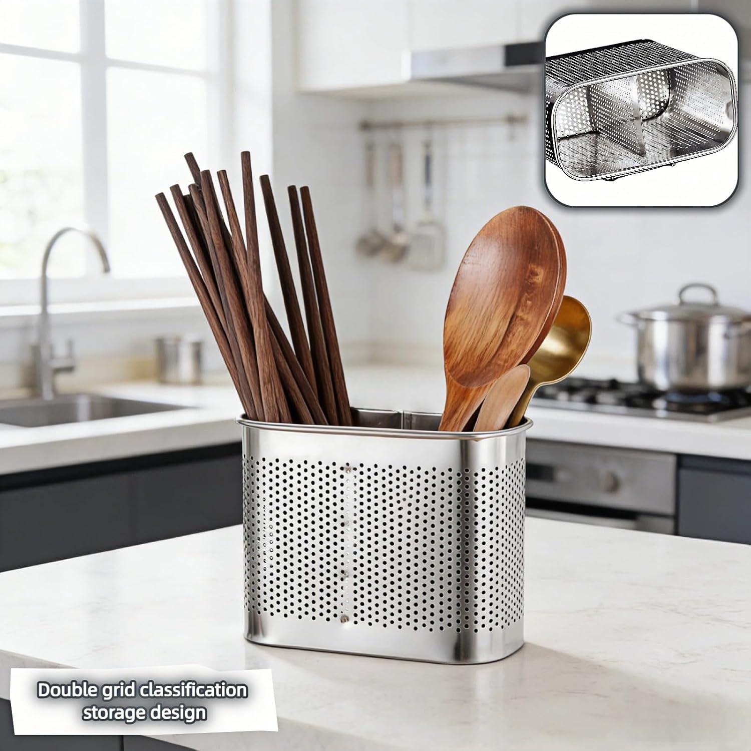Stainless Steel Kitchen Utensil Holder with Hooks, 2-Tier Stainless Steel 304 Utensil Holder,Rustproof Heavy Duty Dish Drainer for Kitchen Sink Countertop,5.51x4.33x2.76 Inch