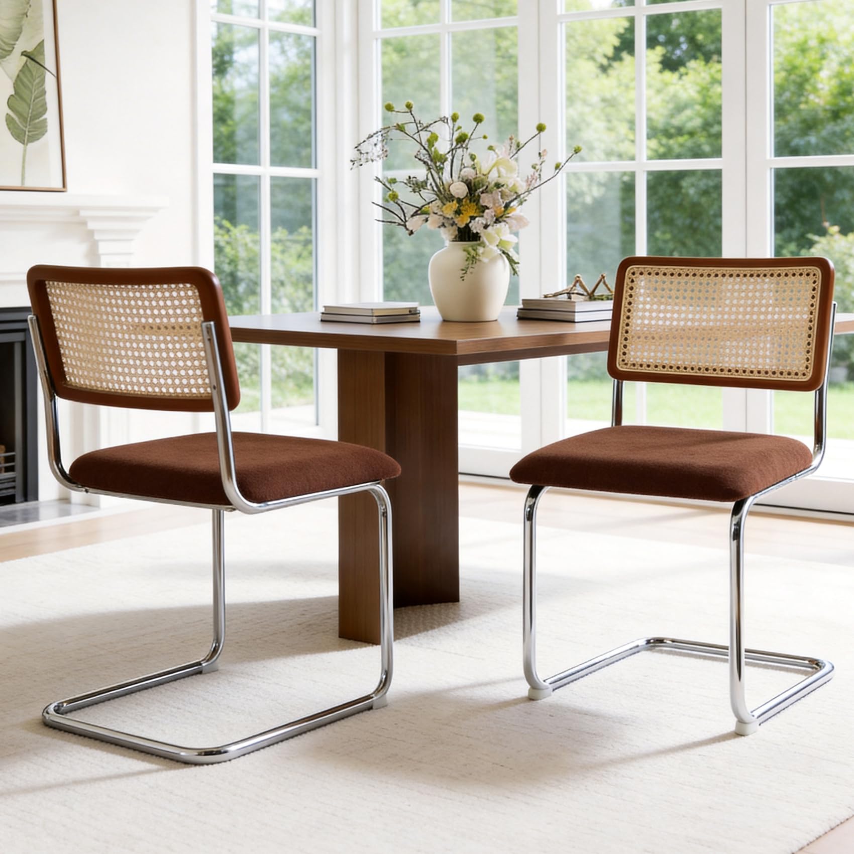 Zesthouse Natural Rattan Dining Chairs Set of 2, Olive Green Modern Kitchen Chairs with Solid Wood Back & Chrome Base, Mid Century Breuer Design Inspired, Upholstered Velvet Fabric
