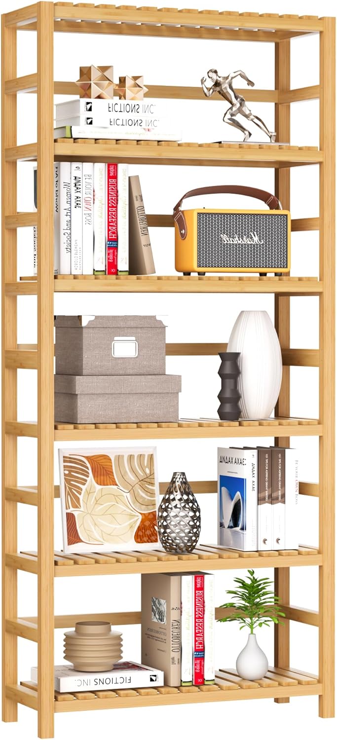 VASMIA 6-Tier Bamboo Shelf,Bamboo Storage Shelving Unit,Tall Bookcase with Adjustable Shelves,Multipurpose Storage Display Shelf for Bathroom, Living