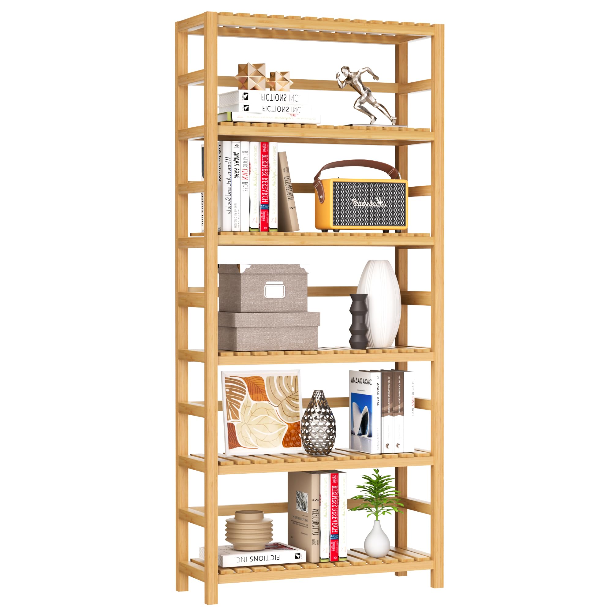 VASMIA 6-Tier Bamboo Shelf,Bamboo Storage Shelving Unit,Tall Bookcase with Adjustable Shelves,Multipurpose Storage Display Shelf for Bathroom, Living