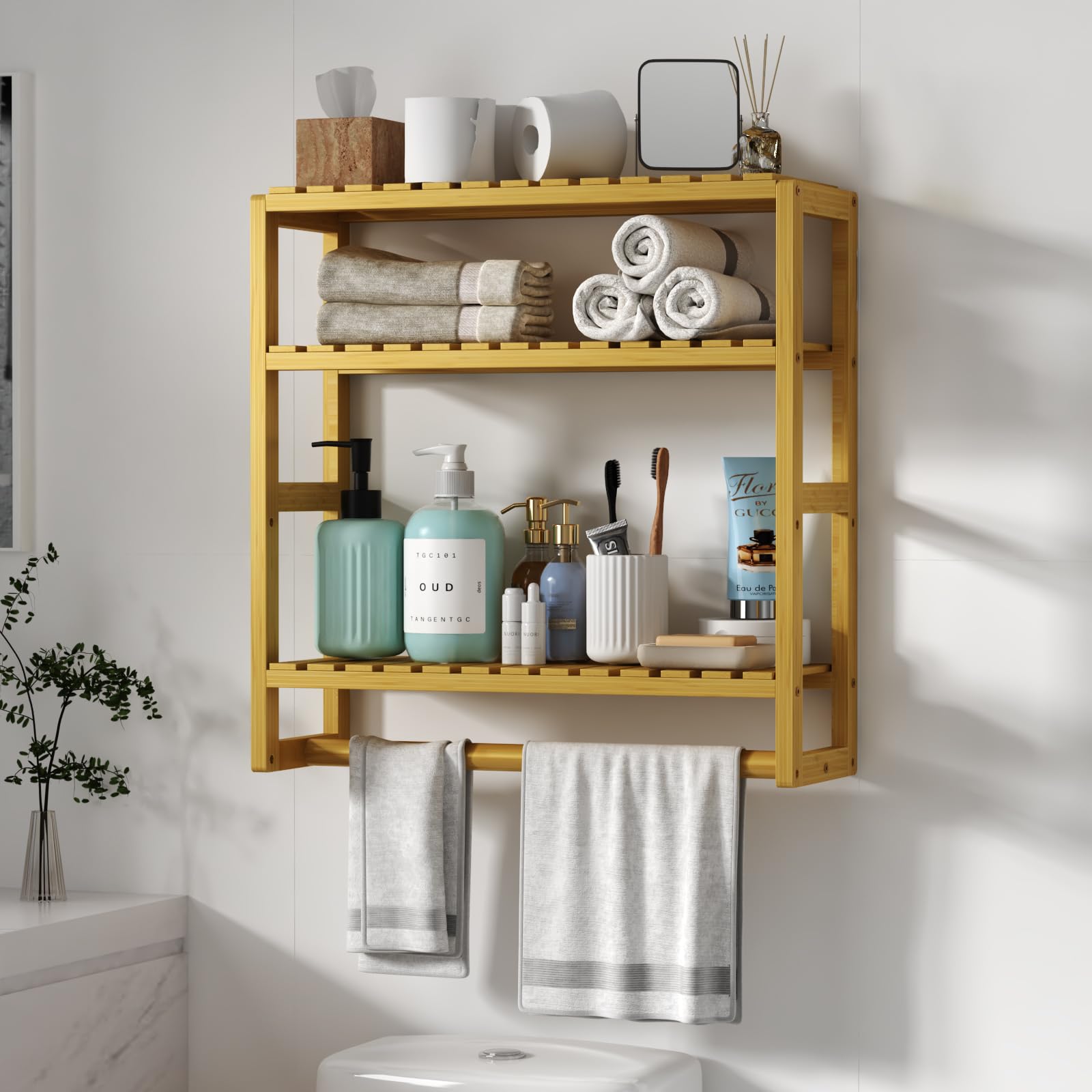 Galood Over The Toilet Storage Bathroom Shelves Wall Mounted 3 Tier Space Saver Corner Shelf Organizer Bamboo Towel Rack Toilet Paper Cabinet with Hanging Rod Yellow