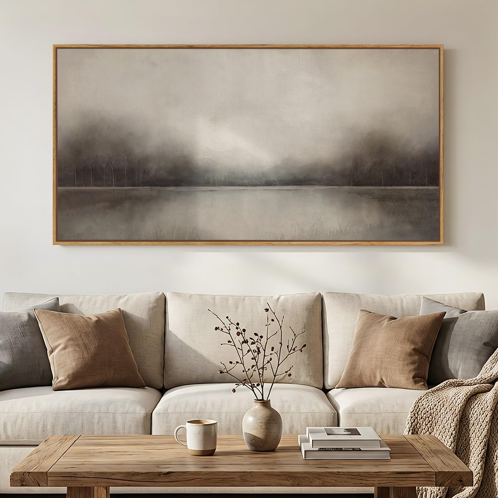 Large Framed Rustic Canvas Wall Art for Living Room, Brown Modern Abstract Landscape Prints Paintings Artwork for Walls, Horizontal Nature Pictures Wall Decor for Bedroom, Office, Farmhouse 30x60 In