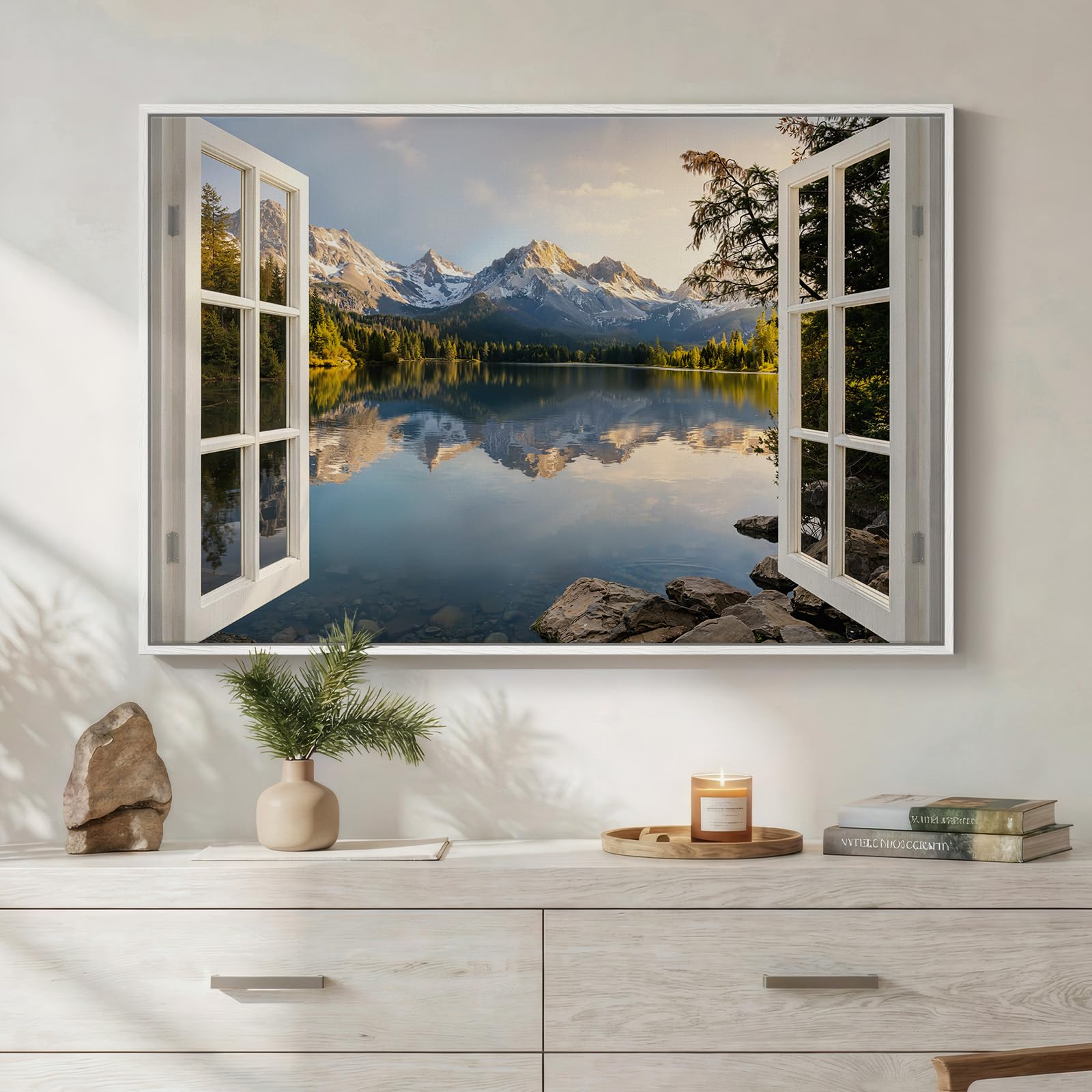Framed Forest Landscape Wall Art, Horizontal Nature Sunset Canvas Artwork for Walls, Wilderness Scenery Photography Picture, Green Peaceful Print for Living Room Hallway Office Wall Decor, 24x36 Inch