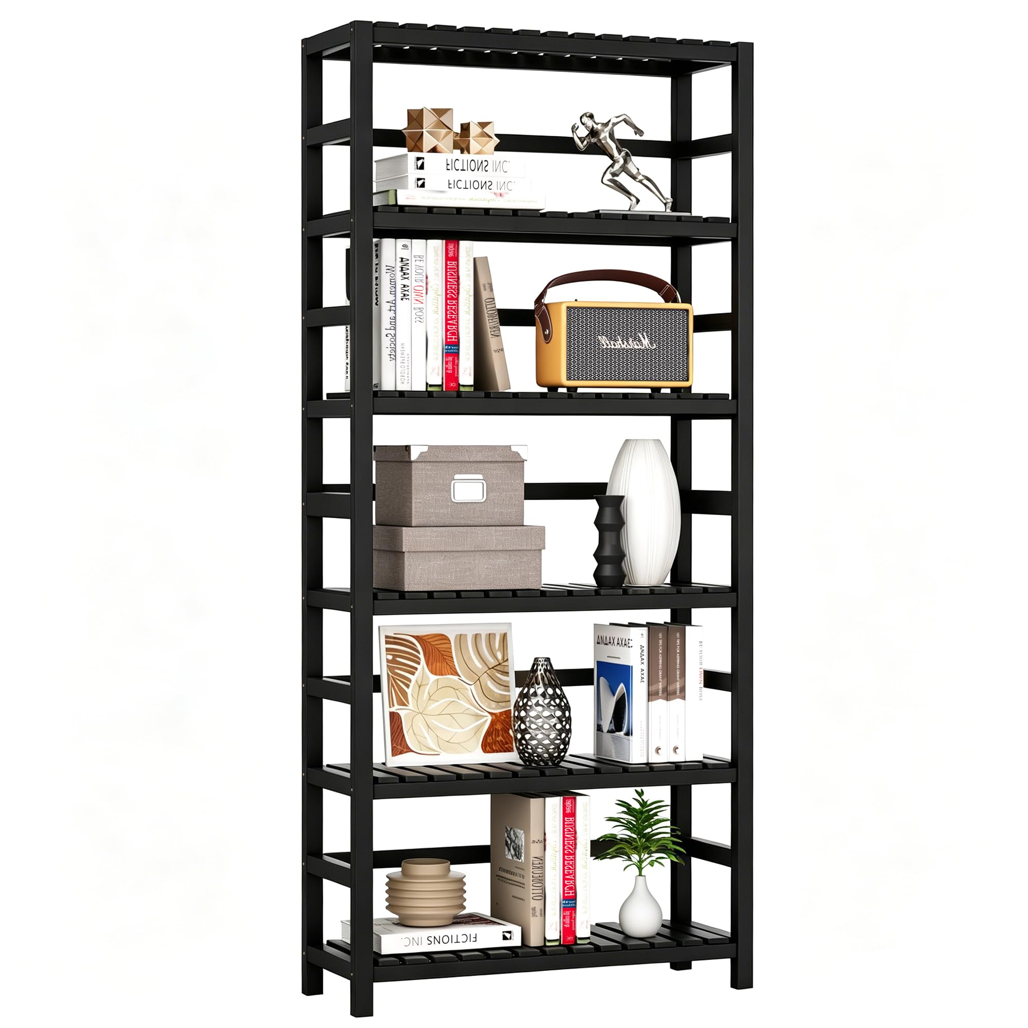 VASMIA 6-Tier Bamboo Shelf,Bamboo Storage Shelving Unit,Tall Bookcase with Adjustable Shelves,Multipurpose Storage Display Shelf for Bathroom, Living
