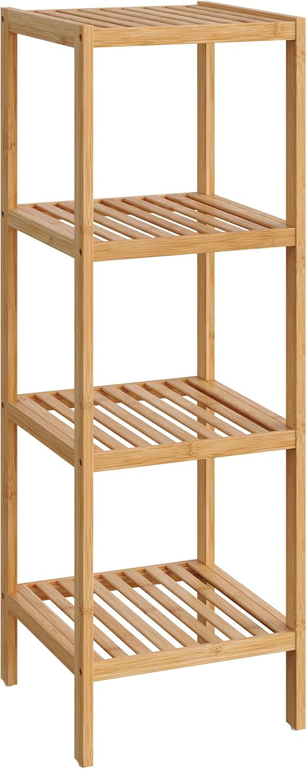 SONGMICS 4-Tier Bamboo Shelf, Narrow Bathroom Shelf, Standing Towel Rack, Corner Rack, for Kitchen, Living Room, Bedroom, Entryway, Bathroom, Natural UBCB54Y
