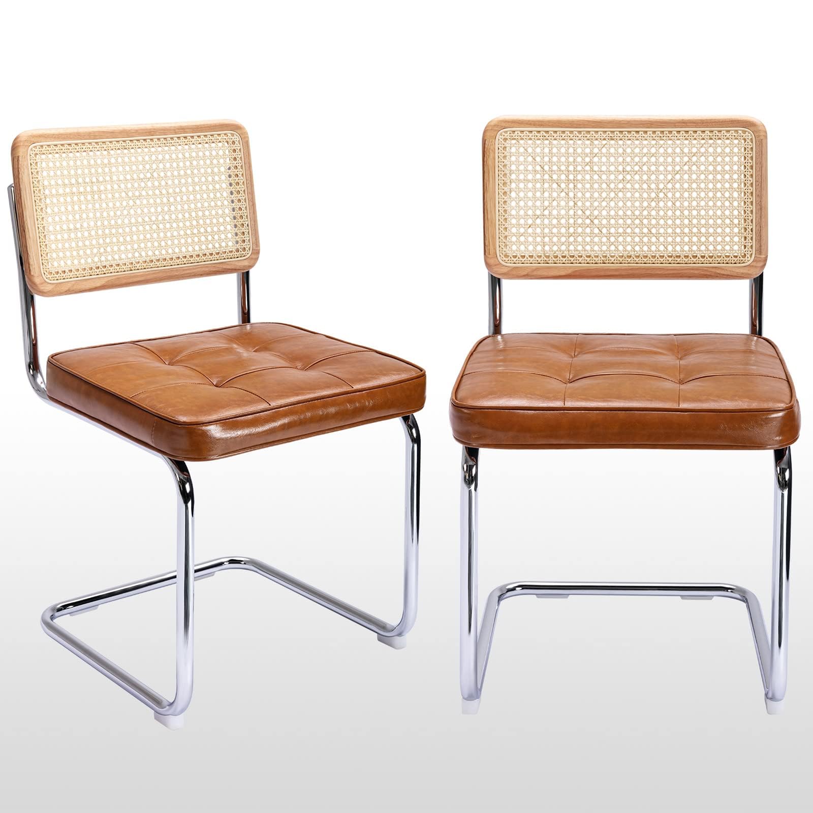 Zesthouse Natural Rattan Dining Chairs Set of 2, Olive Green Modern Kitchen Chairs with Solid Wood Back & Chrome Base, Mid Century Breuer Design Inspired, Upholstered Velvet Fabric