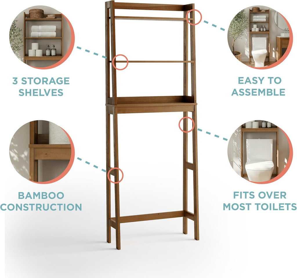 Zenna Home Bamboo Over-The-Toilet Bathroom Spacesaver with 3 Shelves, A-Frame Shelving for Bath, Laundry and Other Household Storage, Natural Finish