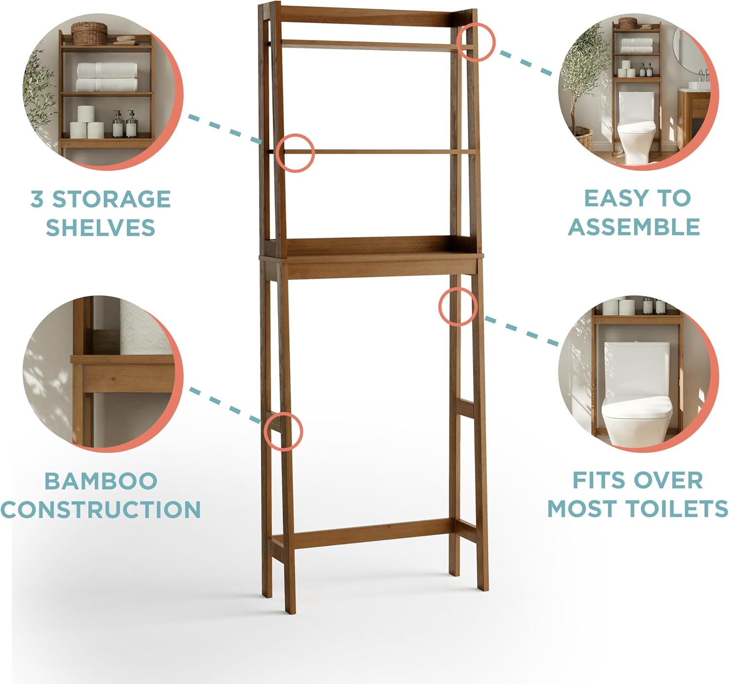 Zenna Home Bamboo Over-The-Toilet Bathroom Spacesaver with 3 Shelves, A-Frame Shelving for Bath, Laundry and Other Household Storage, Natural Finish
