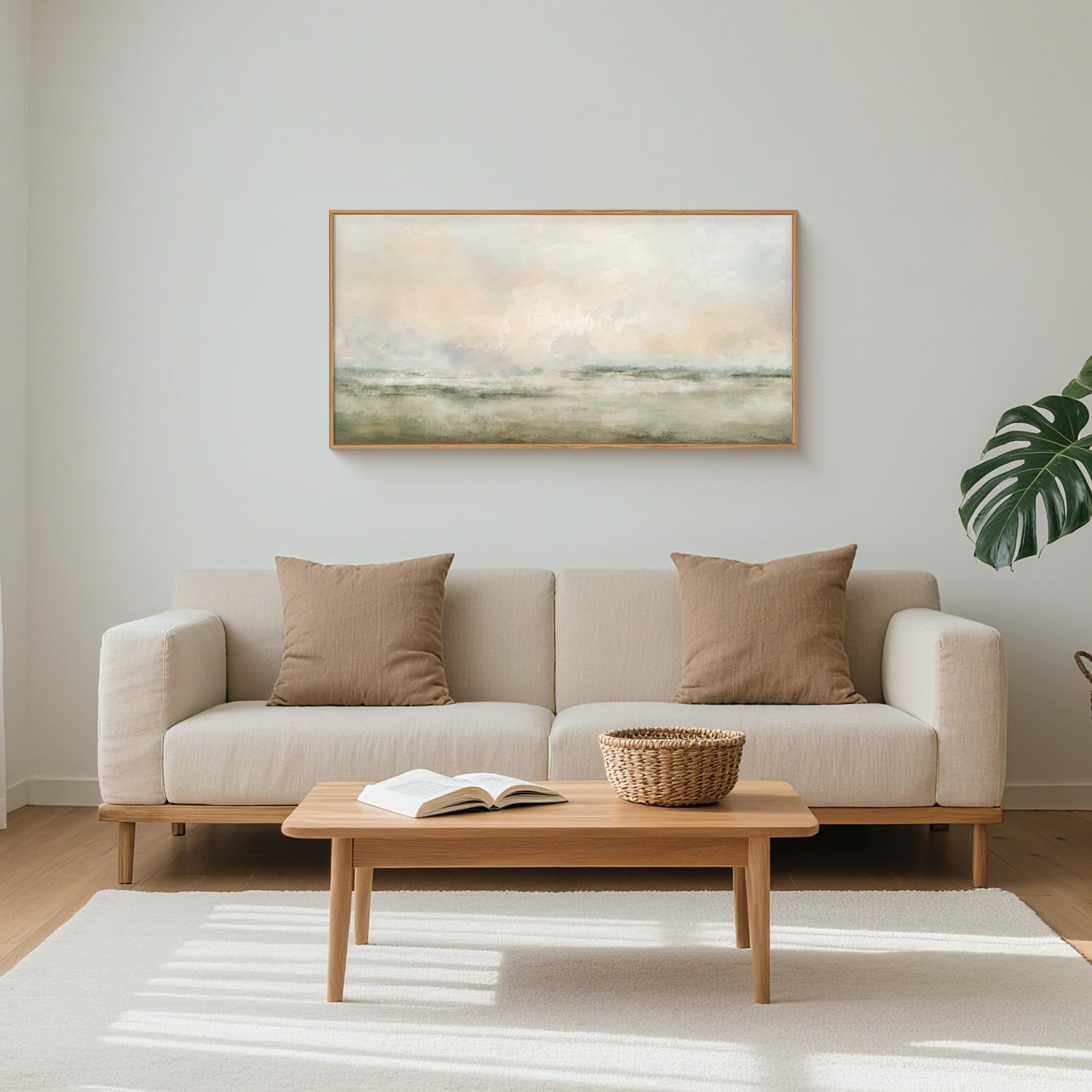 Abstract Natural Landscape Framed Canvas Wall Art Set, Watercolor Tan Green Beige Wall Decor, Minimalist Neutral Modern Scenery Artwork for Living Room, Bedroom,Farmhouse- 40"x20"x1