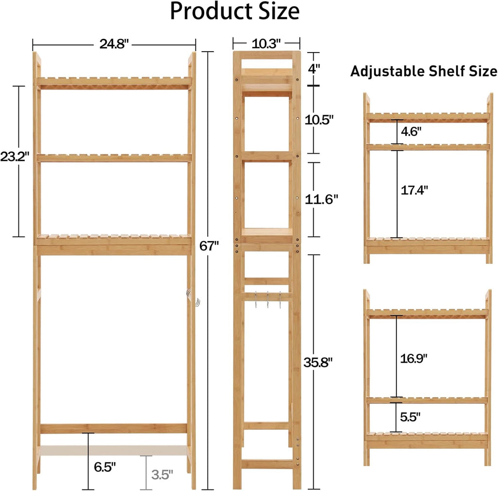 HITOMEN Over The Toilet Storage Cabinet, Bamboo Adjustable 3-Tier Above Toilet Shelf, Stable Freestanding Above Toilet Organizer with 3 Hooks for Bathroom Restroom Laundry Balcony, Natural 67" H