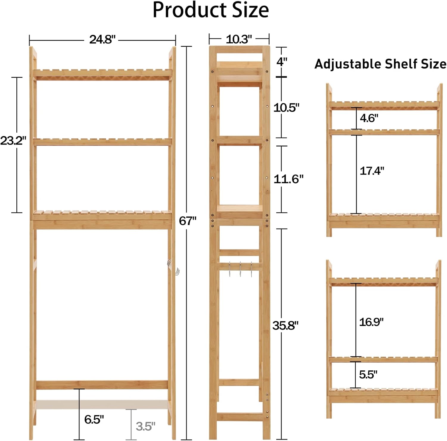 HITOMEN Over The Toilet Storage Cabinet, Bamboo Adjustable 3-Tier Above Toilet Shelf, Stable Freestanding Above Toilet Organizer with 3 Hooks for Bathroom Restroom Laundry Balcony, Natural 67" H