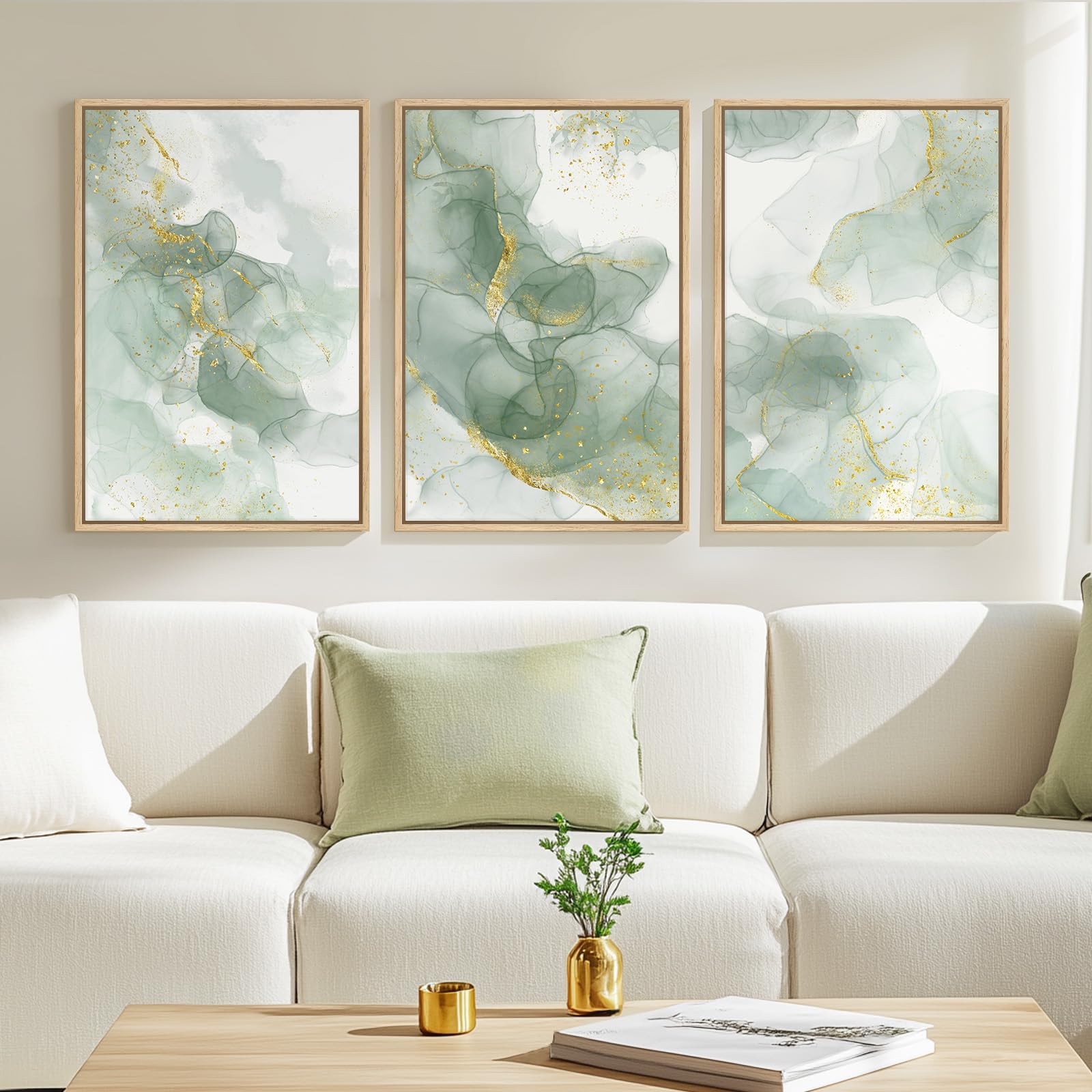 Large Framed Sage Green Abstract Landscape Wall Art for Living Room, 3 Piece Modern Canvas Prints Paintings Artwork for Walls, Nature Rustic Pictures Wall Decor for Bedroom Farmhouse Office 24x36 In
