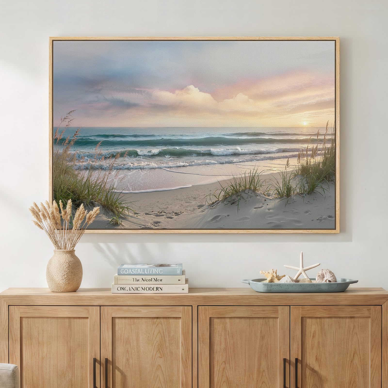 Framed Neutral Coastal Beach Canvas Wall Art, Abstract Landscape Canvas Prints Paintings for Walls, Large Beige Minimalist Pictures Wall Decor for Bedroom Dining Room Bathroom Living Room 24x36 In