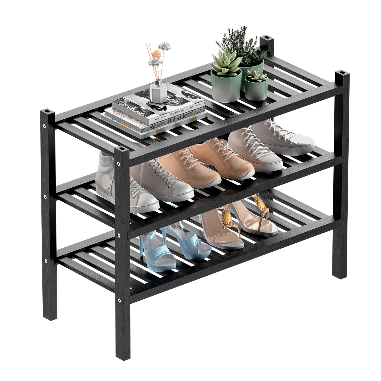 ROMGUAR CRAFT 3 Tier Bamboo Shoe Rack for Closet Free Standing Wood Shoe Shelf Storage Organizer for Entryway Small Space Stackable 27"x11"x20" (Natural)