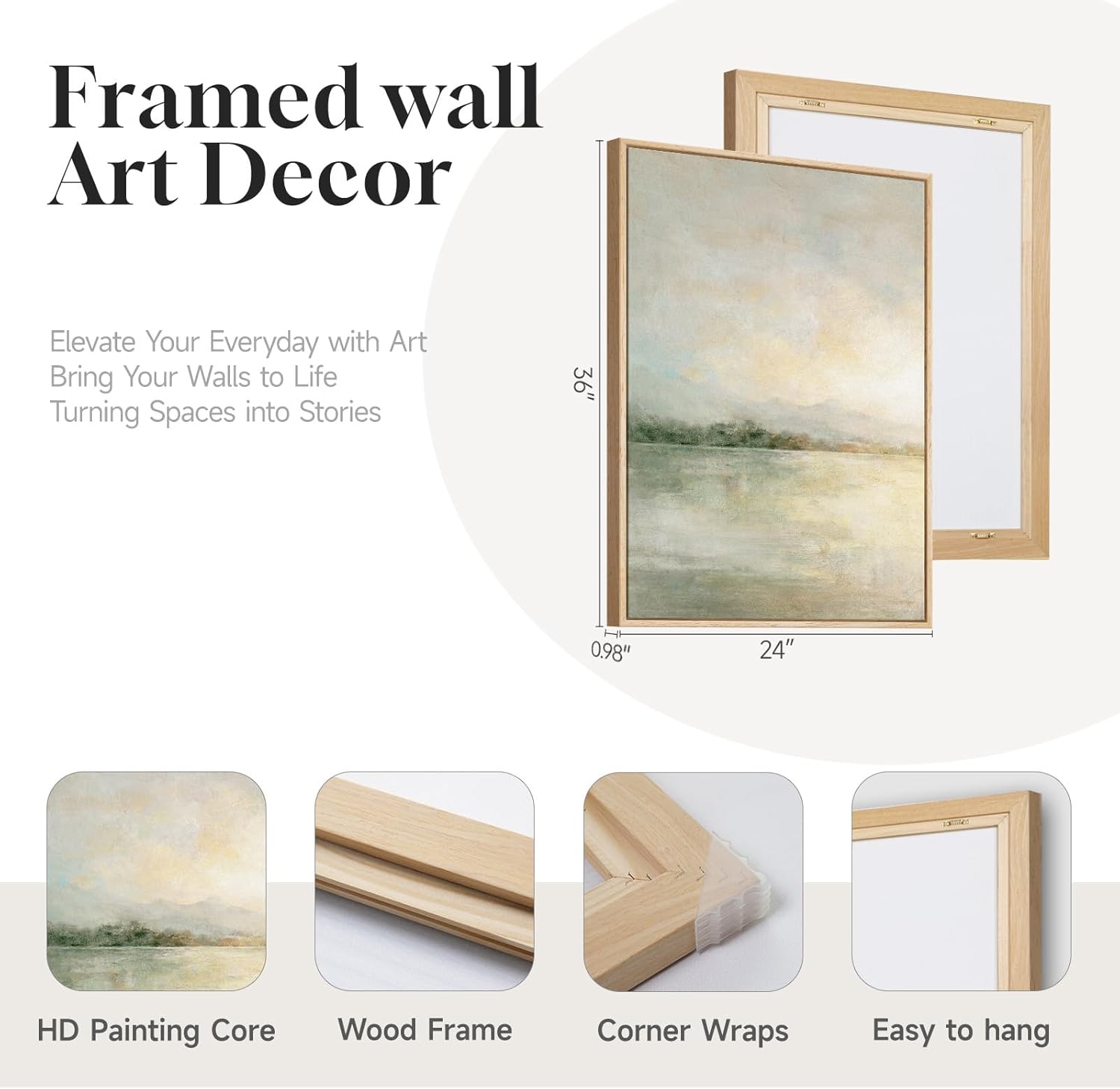 Framed Sage Green Abstract Wall Art for Living Room, Large Set of 2 Abstract Landscape Canvas Artwork for Walls, Minimalist Painting Print for Bedroom Dining Room Office Hallway Wall Decor, 24x36 Inch