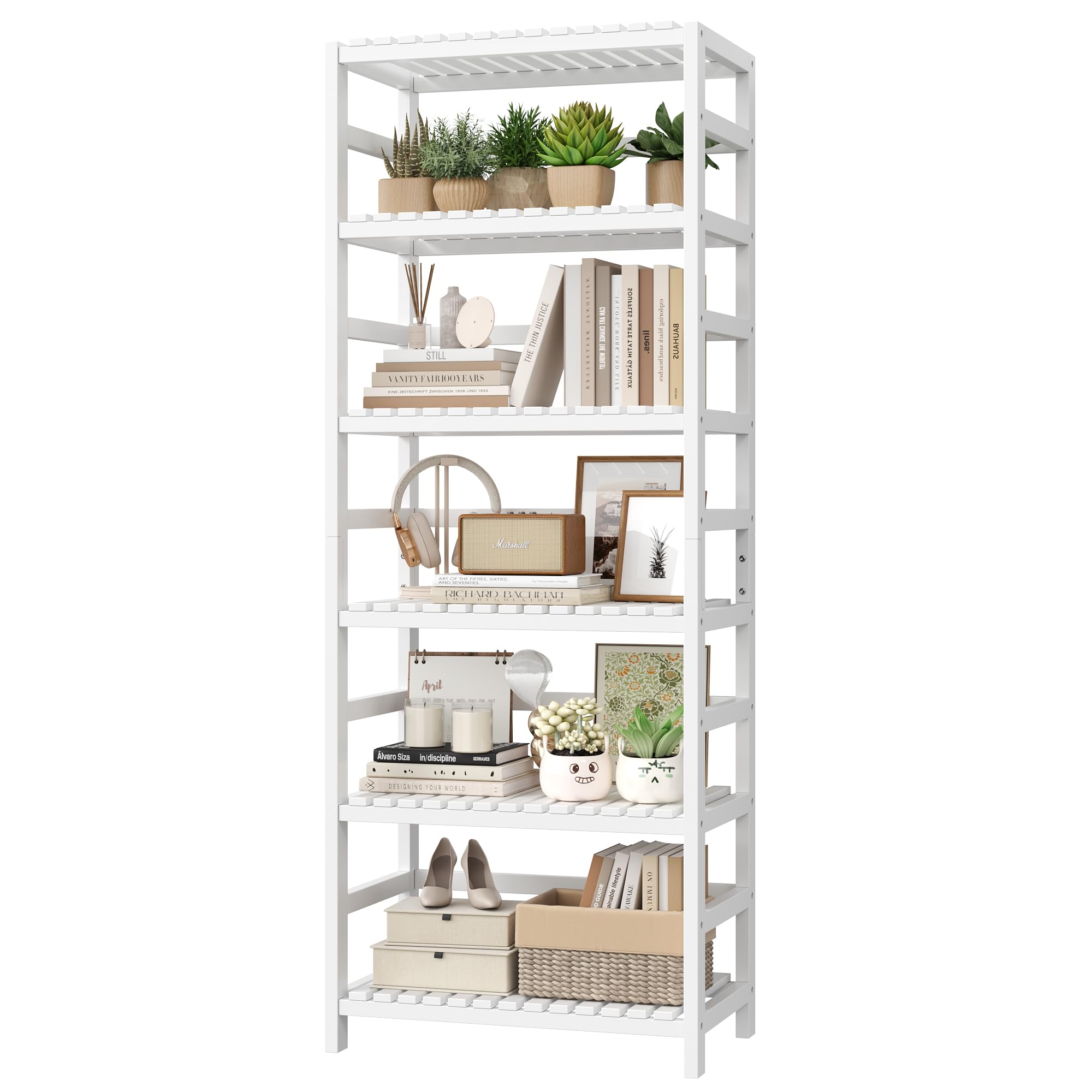 FOTOSOK 6-Tier Bamboo Shelf, Bamboo Bookcase with Adjustable Shelves, Free Standing Storage Shelf Unit, Plant Flower Stand for Kitchen, Bathroom, Home Office, Natural