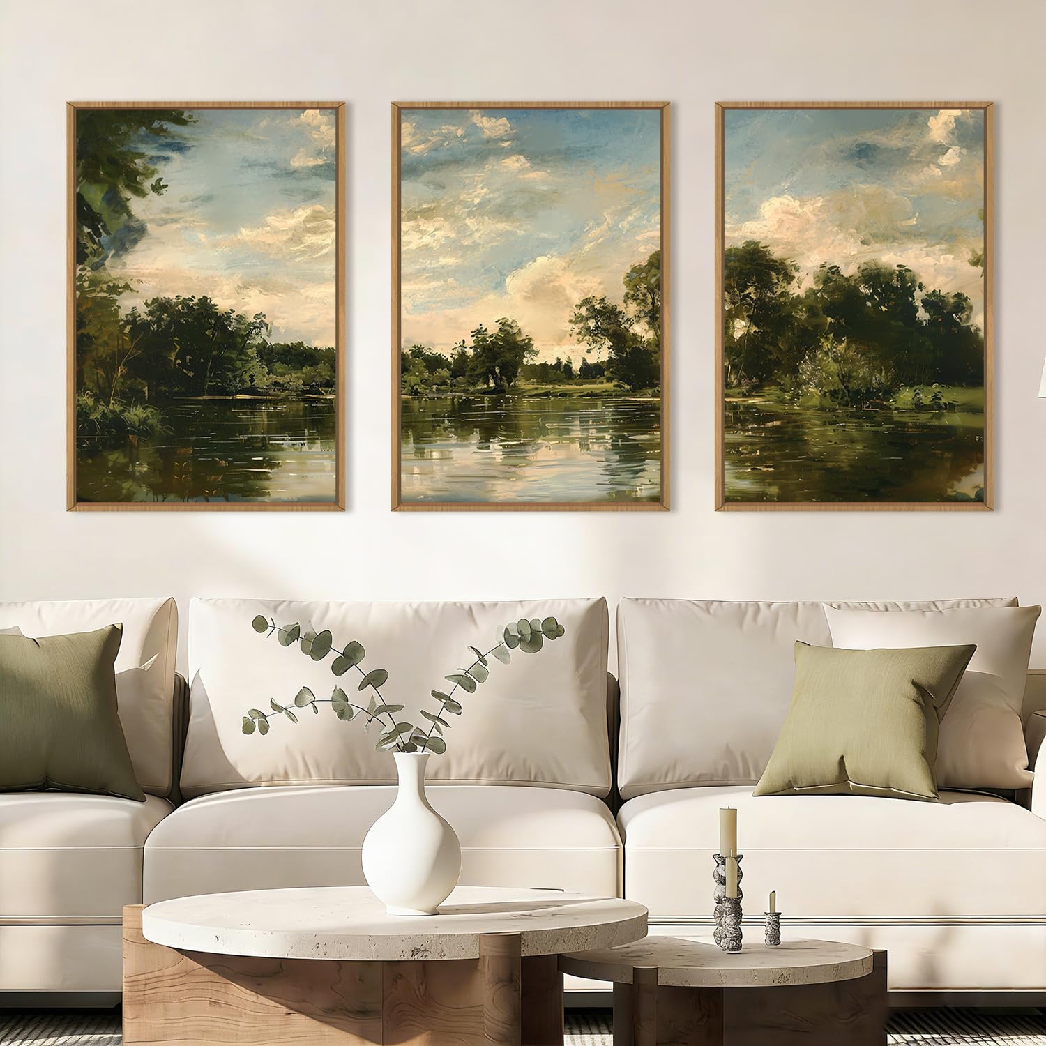 Abstract Natural Landscape Framed Canvas Wall Art Set, Watercolor Tan Green Beige Wall Decor, Minimalist Neutral Modern Scenery Artwork for Living Room, Bedroom,Farmhouse- 40"x20"x1