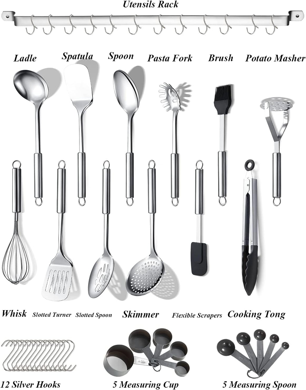 Berglander Kitchen Utensils Set 38 Pieces, Stainless Steel Cooking Utensils Set, Kitchen Gadgets Cookware, Kitchen Tool Set with Utensil Holder Rack And Hooks For Hanging Dishwasher Safe