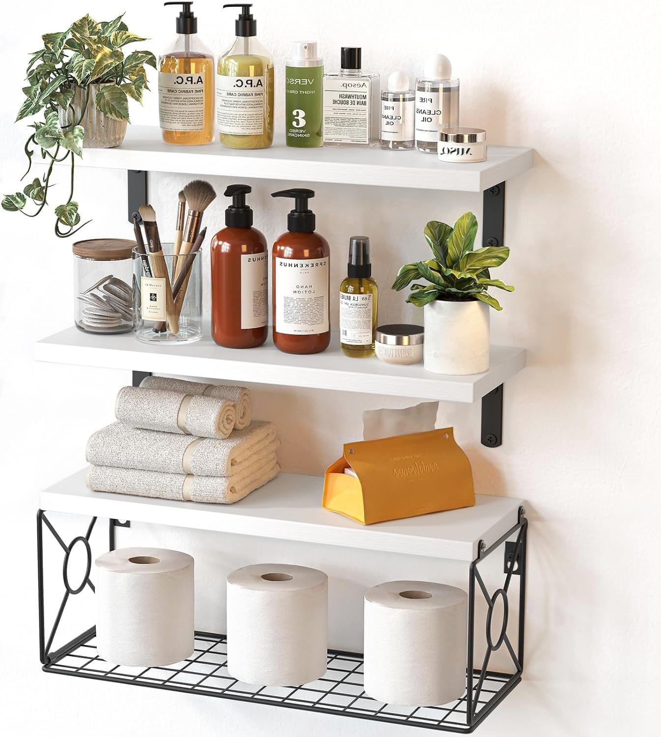 Amada Bathroom Shelves Over Toilet with Storage Basket, Floating Wall Shelf for Home Organization & Wall Decor, Bathroom/Kitchen/Living Room Shelves–Natural Wood