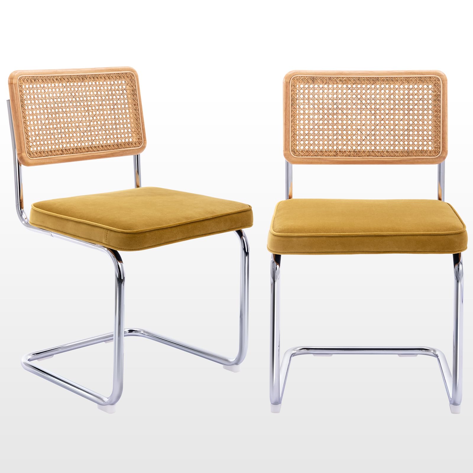 Zesthouse Natural Rattan Dining Chairs Set of 2, Olive Green Modern Kitchen Chairs with Solid Wood Back & Chrome Base, Mid Century Breuer Design Inspired, Upholstered Velvet Fabric