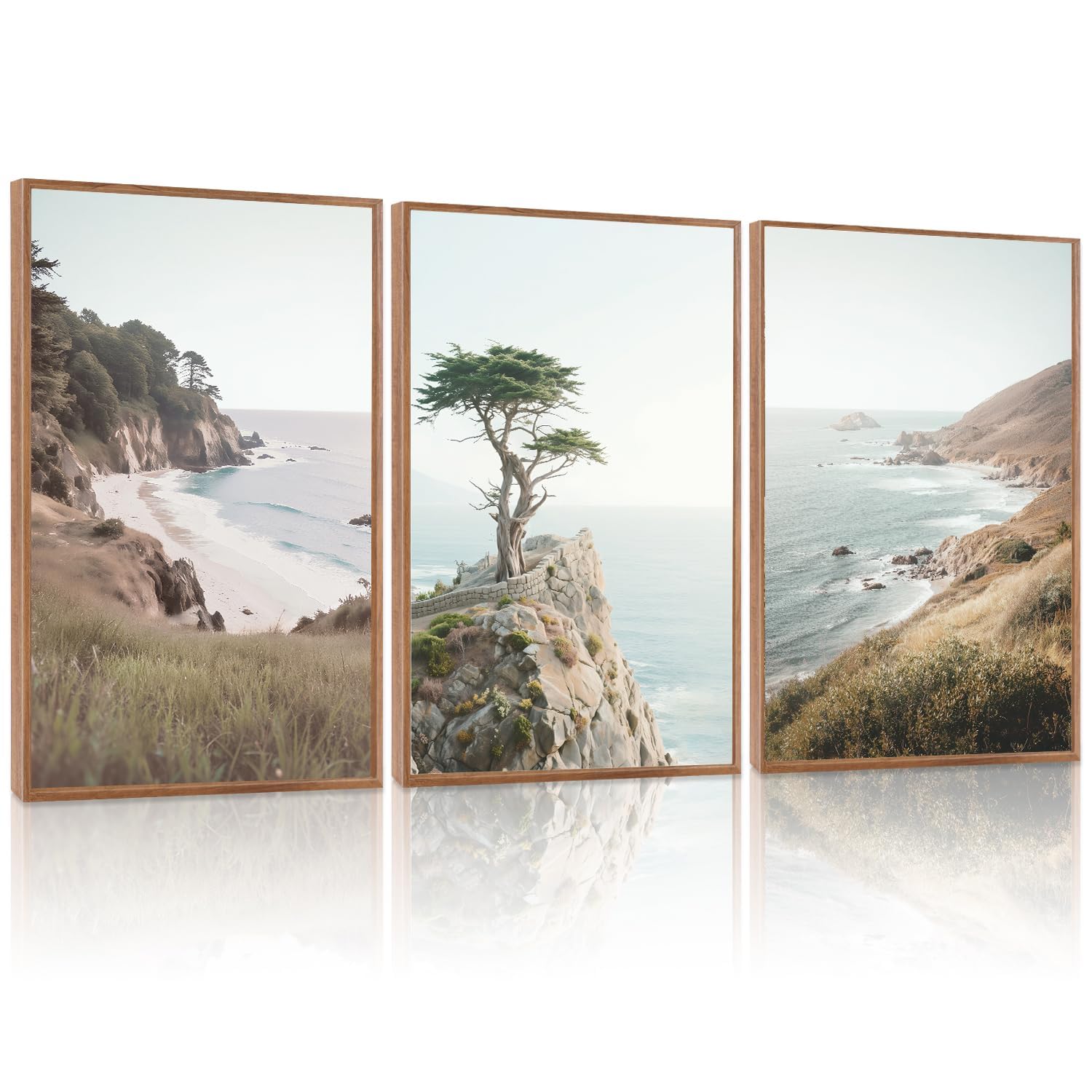 LHIUEM Abstract Mountain Brown Framed Canvas Wall Art,Neutral Watercolor Landscape Wall Decor,Minimalist Grey Beige Lake Artwork for Living Room,Bedroom,Dining Room,Office -20"x40"x1