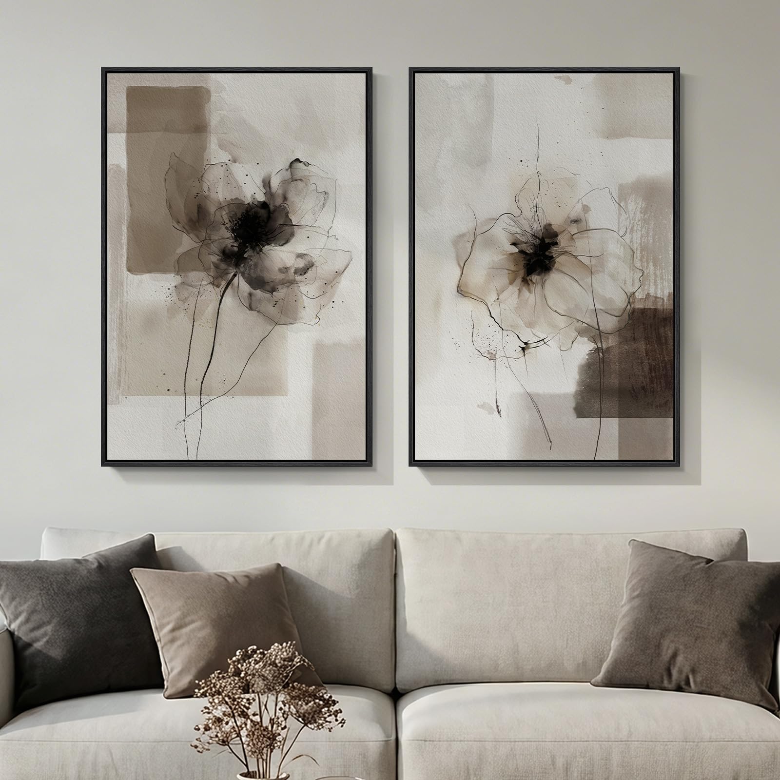 Framed Sage Green Abstract Wall Art for Living Room, Large Set of 2 Abstract Landscape Canvas Artwork for Walls, Minimalist Painting Print for Bedroom Dining Room Office Hallway Wall Decor, 24x36 Inch