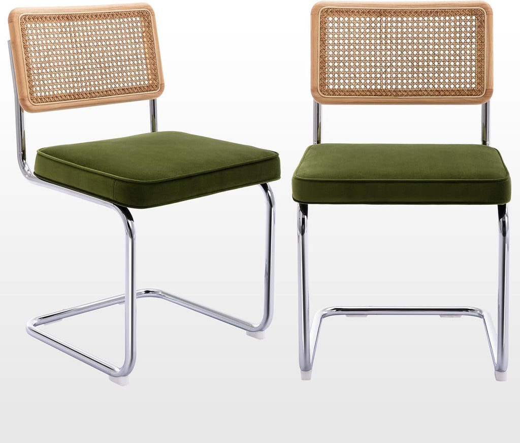 Zesthouse Natural Rattan Dining Chairs Set of 2, Olive Green Modern Kitchen Chairs with Solid Wood Back & Chrome Base, Mid Century Breuer Design Inspired, Upholstered Velvet Fabric