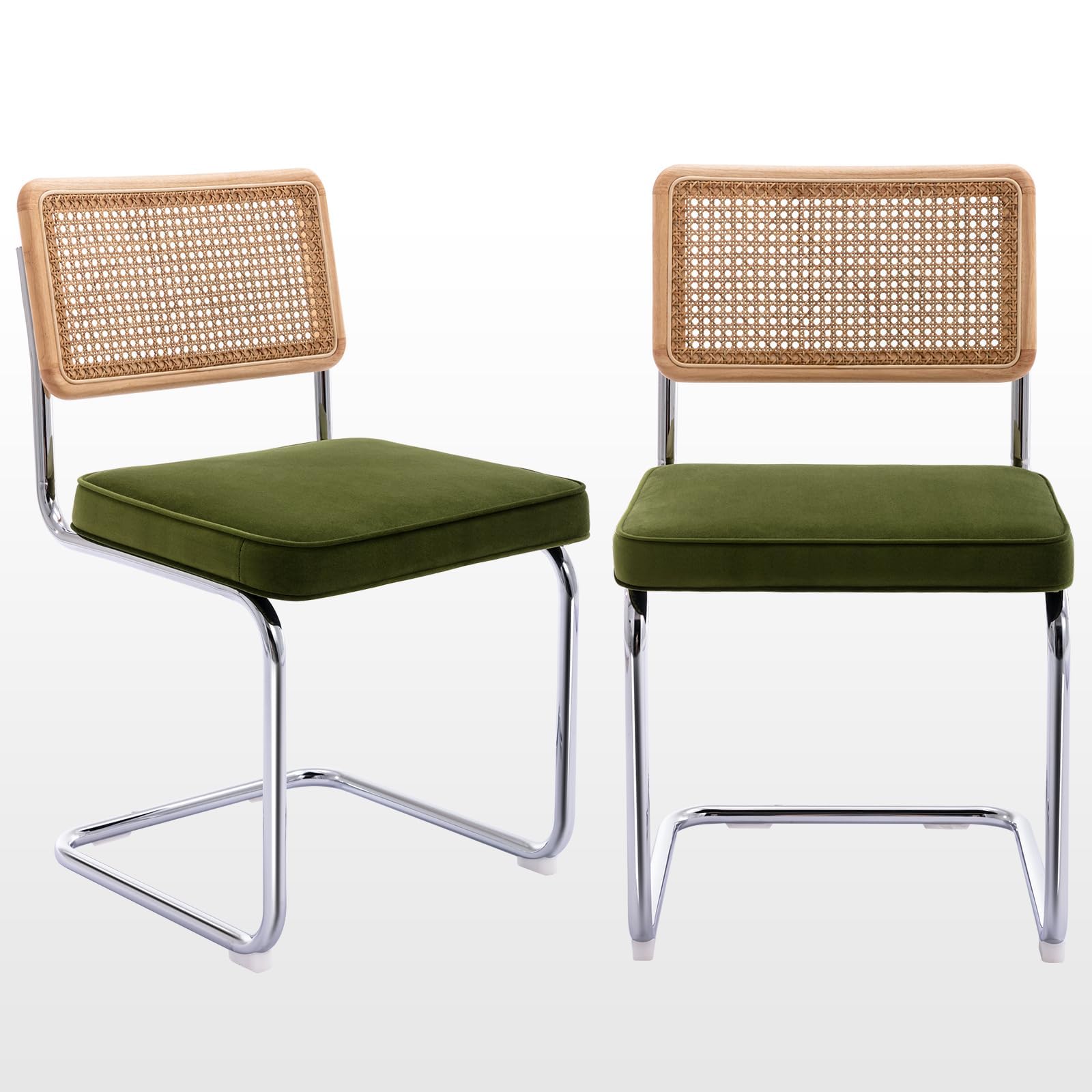 Zesthouse Natural Rattan Dining Chairs Set of 2, Olive Green Modern Kitchen Chairs with Solid Wood Back & Chrome Base, Mid Century Breuer Design Inspired, Upholstered Velvet Fabric