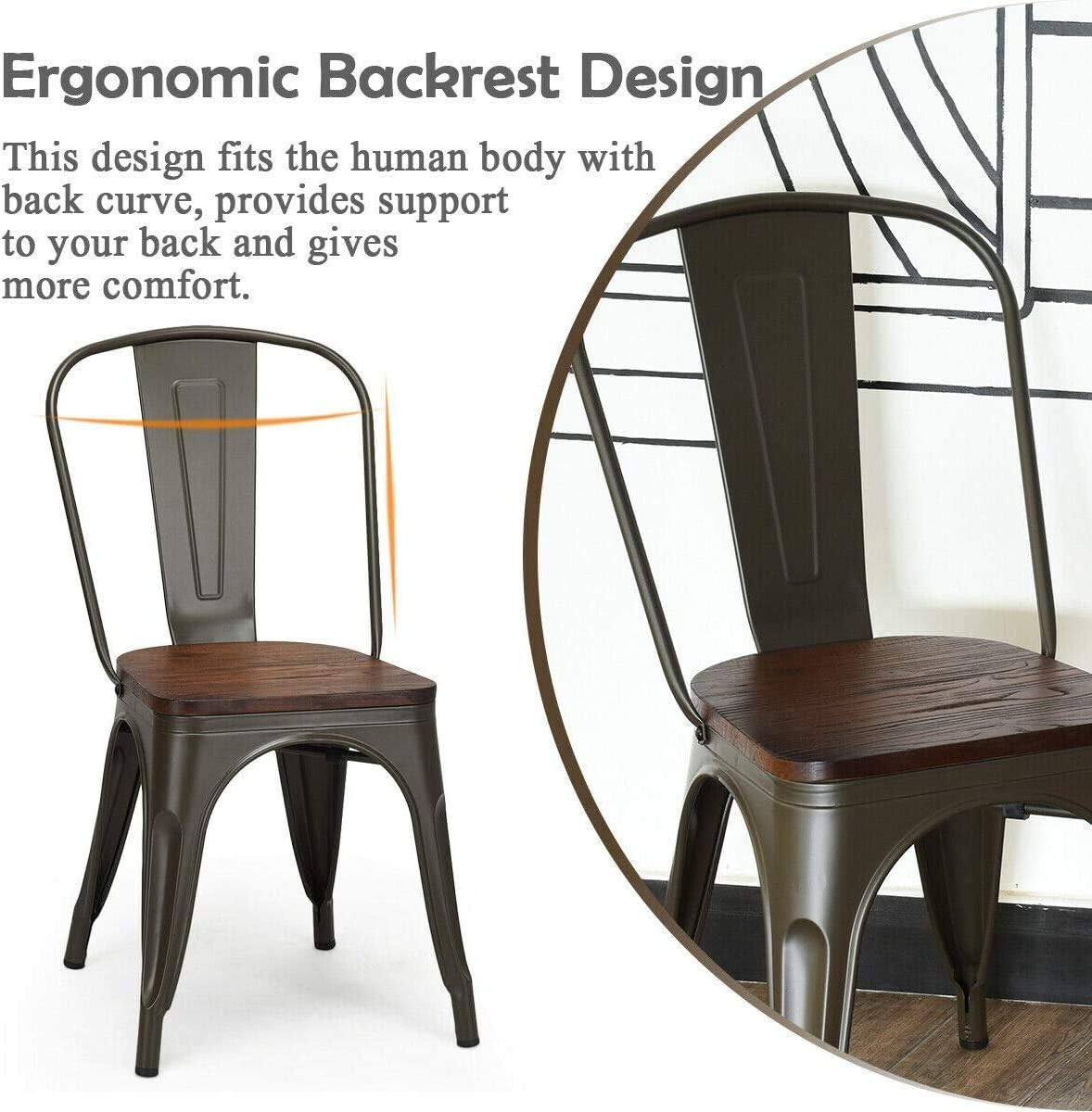 LDAILY LUARANE 18 Inch Dining Chair Set of 4, Vintage Industrial Stackable Counter Metal Bar Chairs, w/High Backrest Wood Seat Surface, for Home Kitchen Cafe Bar Use