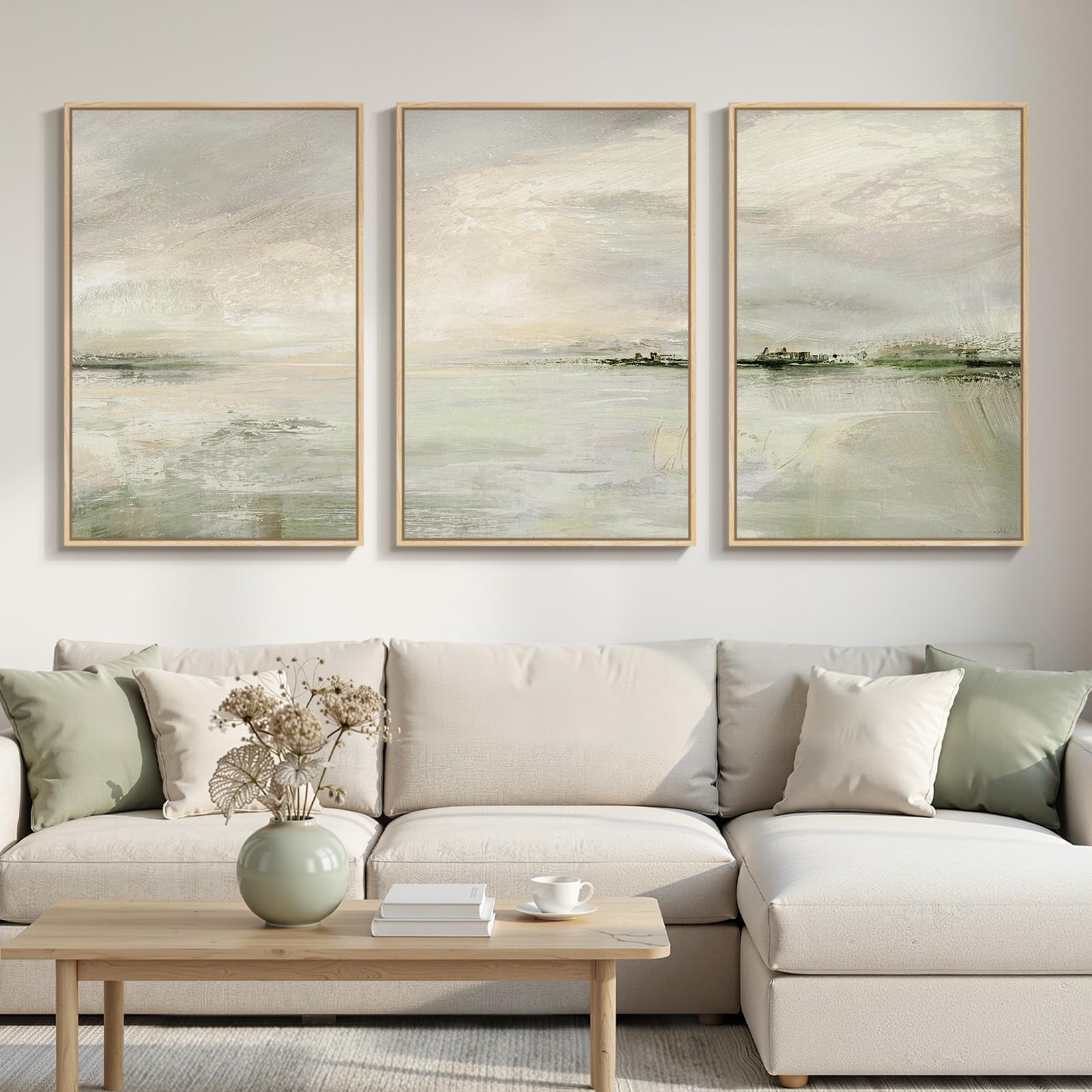 Large Framed Sage Green Abstract Landscape Wall Art for Living Room, 3 Piece Modern Canvas Prints Paintings Artwork for Walls, Nature Rustic Pictures Wall Decor for Bedroom Farmhouse Office 24x36 In