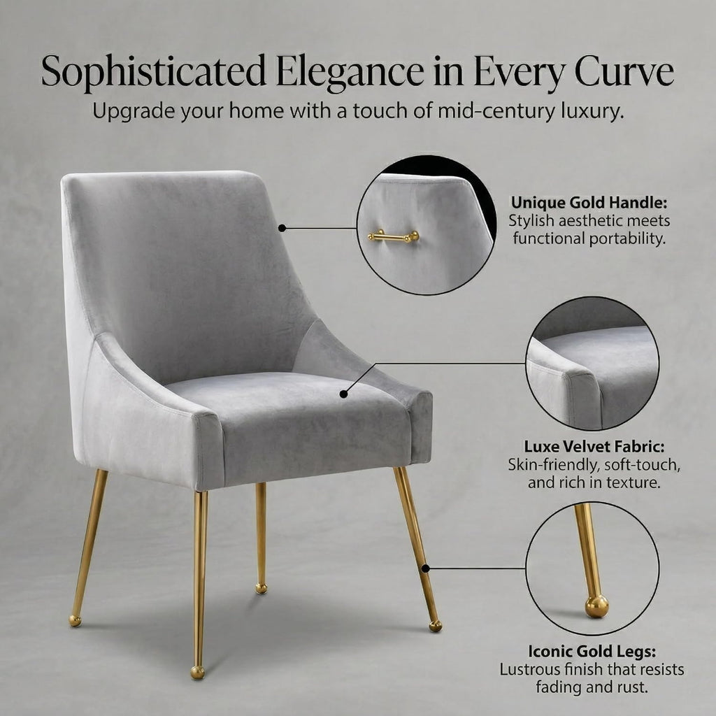 Modern Velvet Dining Chairs Set of 2, Contemporary Upholstered Furniture Collection with Polished Gold Metal Legs, Elegant Accent Chairs for Kitchen Living Room(Grey)