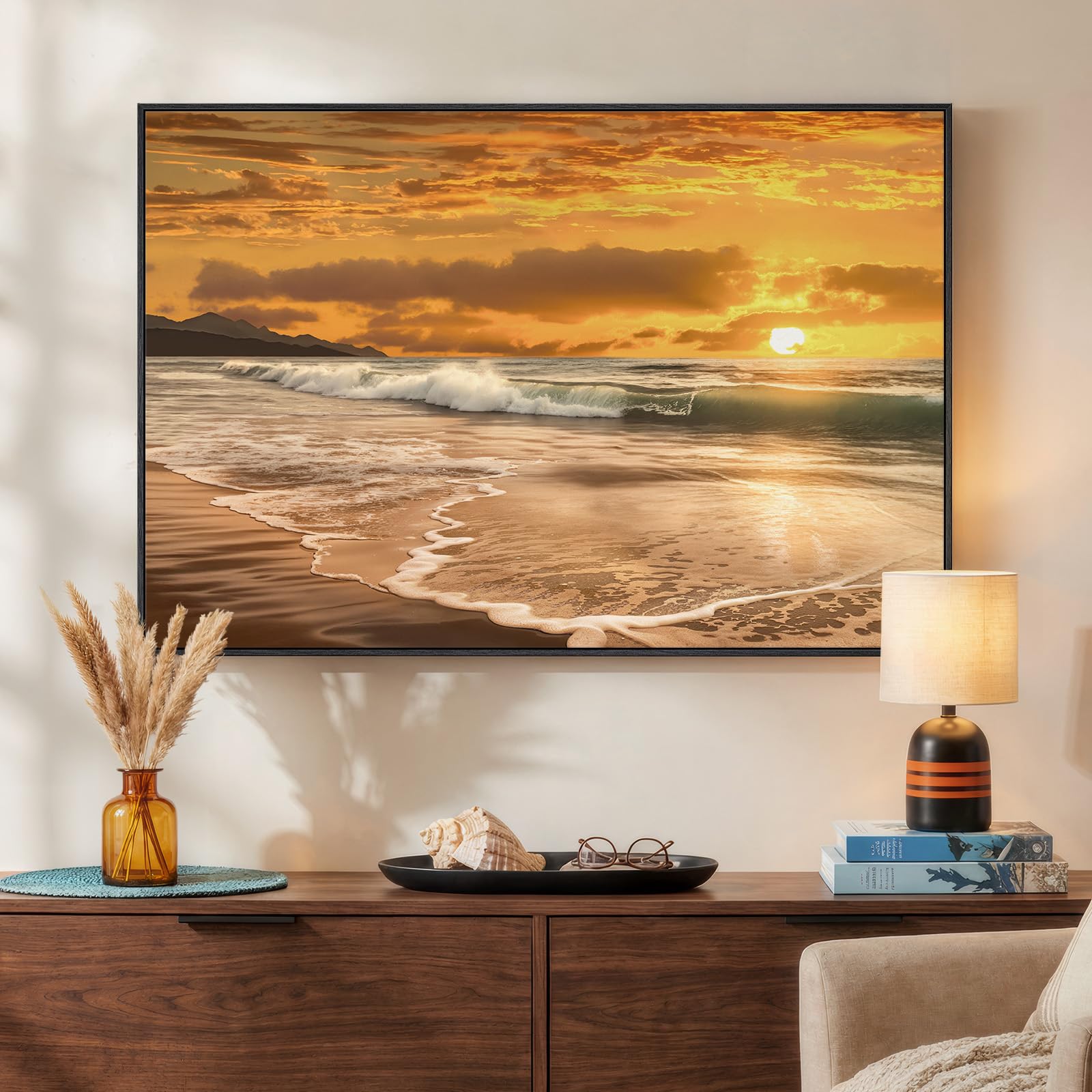 Framed Neutral Coastal Beach Canvas Wall Art, Abstract Landscape Canvas Prints Paintings for Walls, Large Beige Minimalist Pictures Wall Decor for Bedroom Dining Room Bathroom Living Room 24x36 In