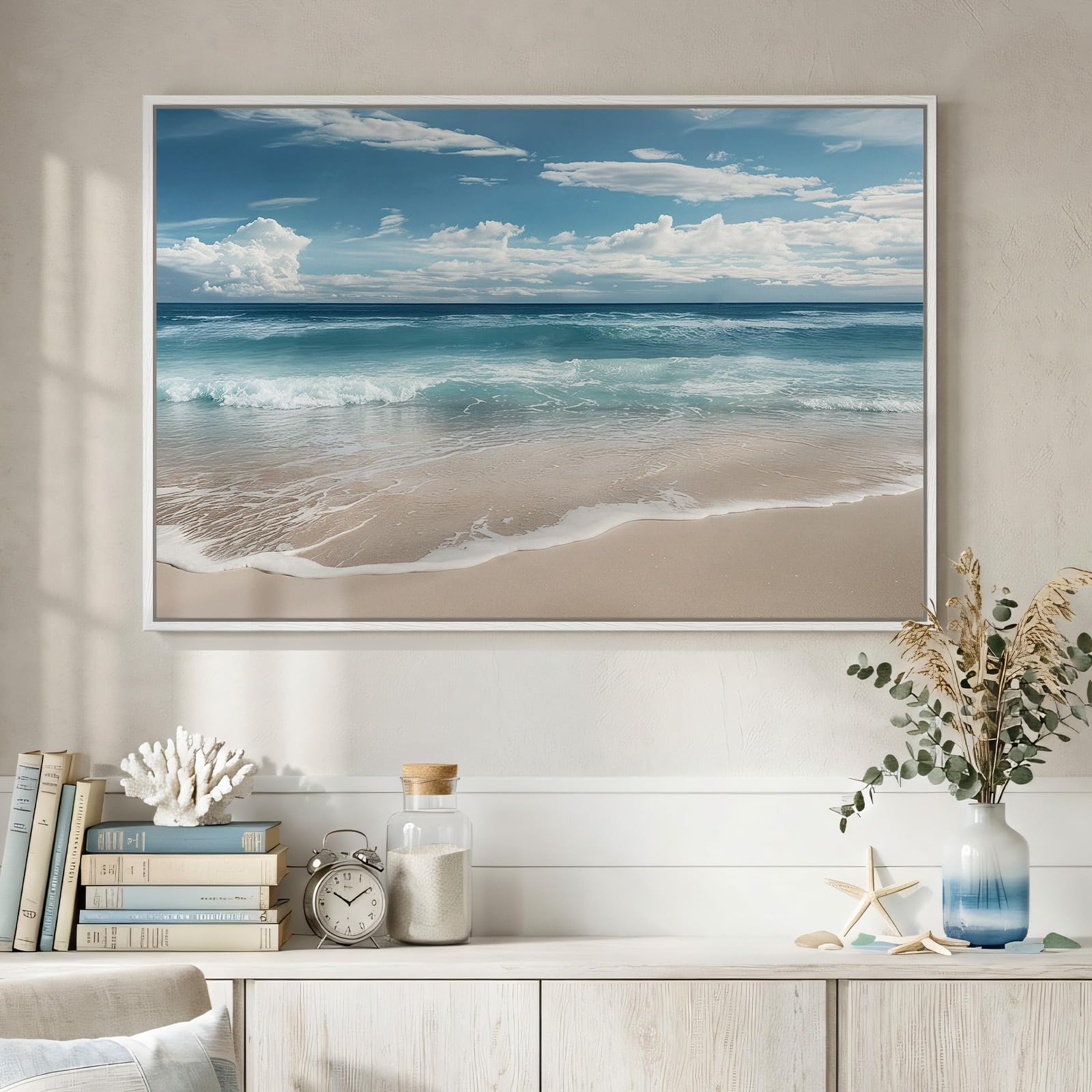 Framed Neutral Coastal Beach Canvas Wall Art, Abstract Landscape Canvas Prints Paintings for Walls, Large Beige Minimalist Pictures Wall Decor for Bedroom Dining Room Bathroom Living Room 24x36 In