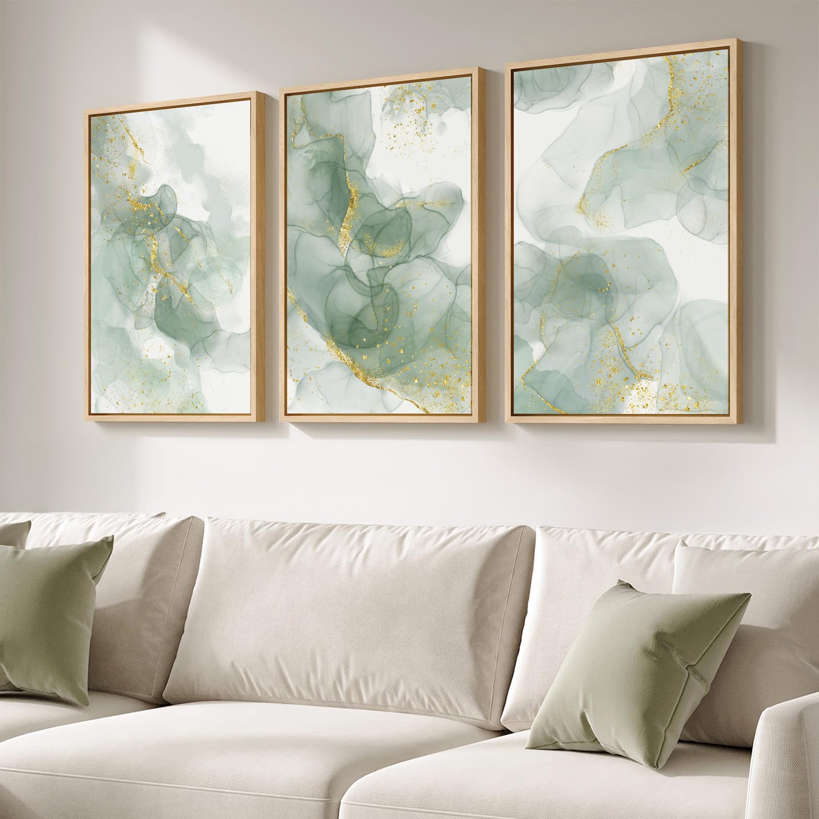 Large Framed Sage Green Abstract Landscape Wall Art for Living Room, 3 Piece Modern Canvas Prints Paintings Artwork for Walls, Nature Rustic Pictures Wall Decor for Bedroom Farmhouse Office 24x36 In