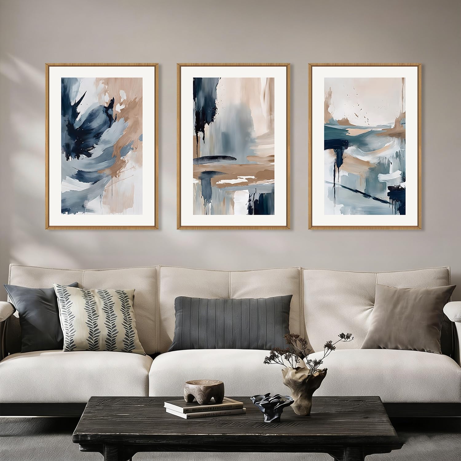 Abstract Natural Landscape Framed Canvas Wall Art Set, Watercolor Tan Green Beige Wall Decor, Minimalist Neutral Modern Scenery Artwork for Living Room, Bedroom,Farmhouse- 40"x20"x1