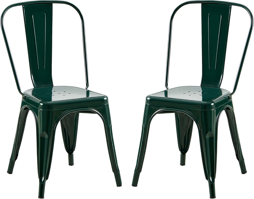 AC Pacific 18 Inch Seat Height Industrial Metal Dining Chairs, Stackable Kitchen or Bar Seat, Durable Modern Design, Versatile Accent Furniture, Set of 2, Dark Green