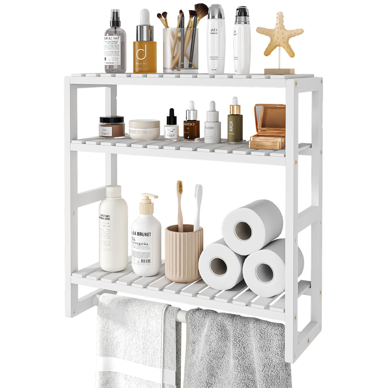 Galood Over The Toilet Storage Bathroom Shelves Wall Mounted 3 Tier Space Saver Corner Shelf Organizer Bamboo Towel Rack Toilet Paper Cabinet with Hanging Rod Yellow
