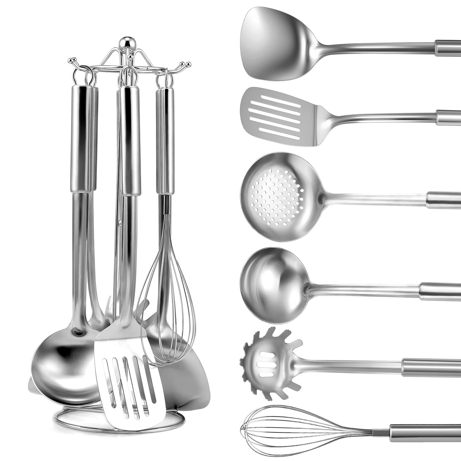 Stainless Steel Kitchen Cooking Utensils Set of 7 - Kitchen Utensils with Hanging Rack, Spatula, Slotted Turner, Soup Ladle, Slotted Spoon, Whisk, Pasta Server, Holder, Dishwasher Safe