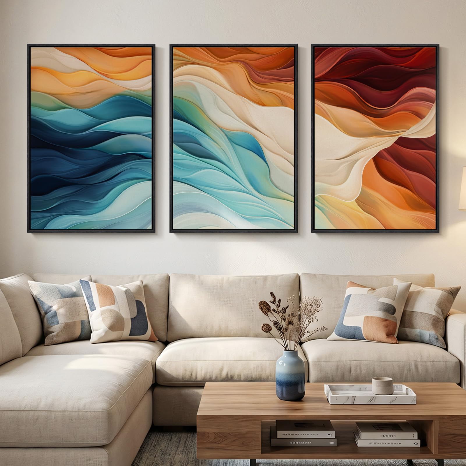 Large Framed Sage Green Abstract Landscape Wall Art for Living Room, 3 Piece Modern Canvas Prints Paintings Artwork for Walls, Nature Rustic Pictures Wall Decor for Bedroom Farmhouse Office 24x36 In