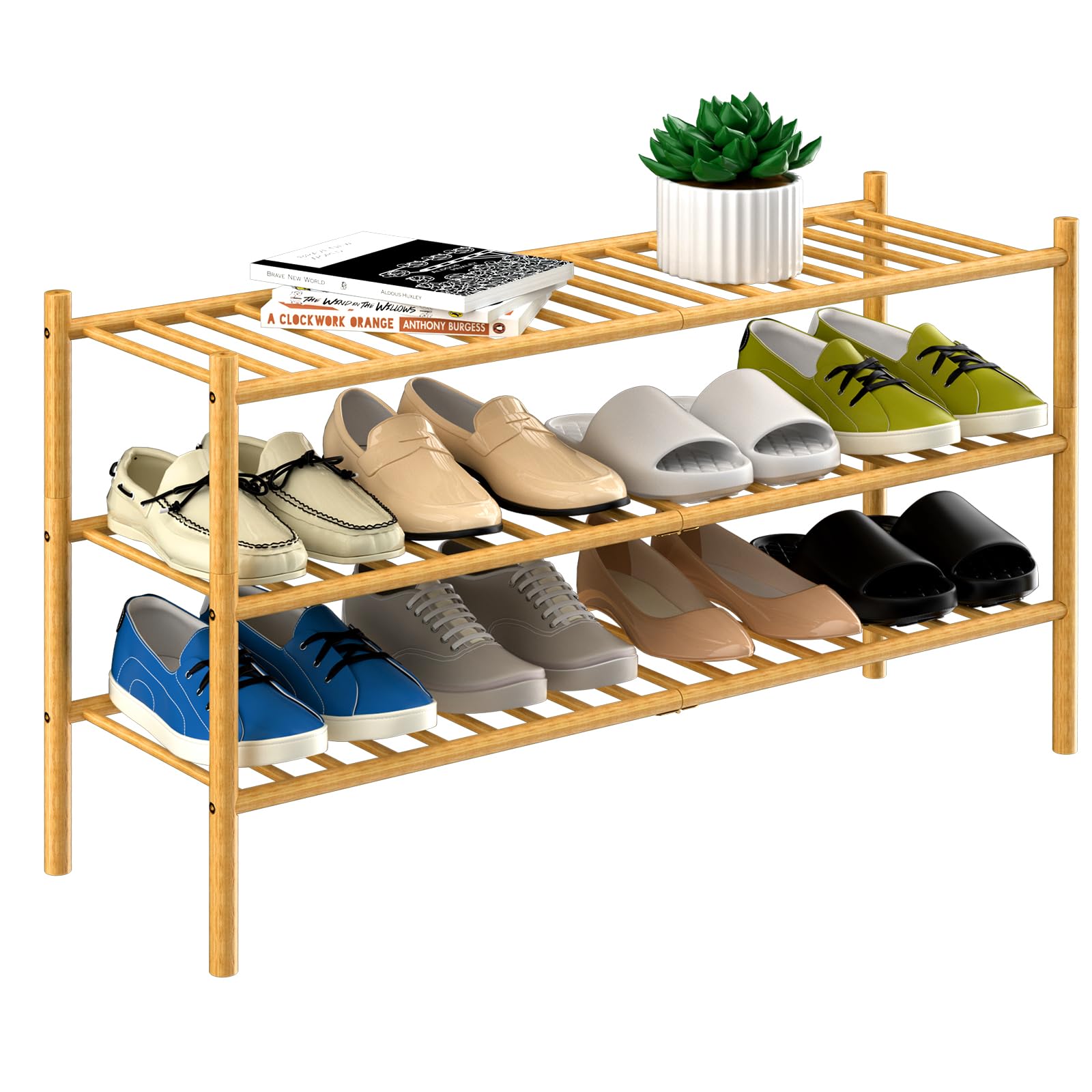 ROMGUAR CRAFT 3 Tier Bamboo Shoe Rack for Closet Free Standing Wood Shoe Shelf Storage Organizer for Entryway Small Space Stackable 27"x11"x20" (Natural)